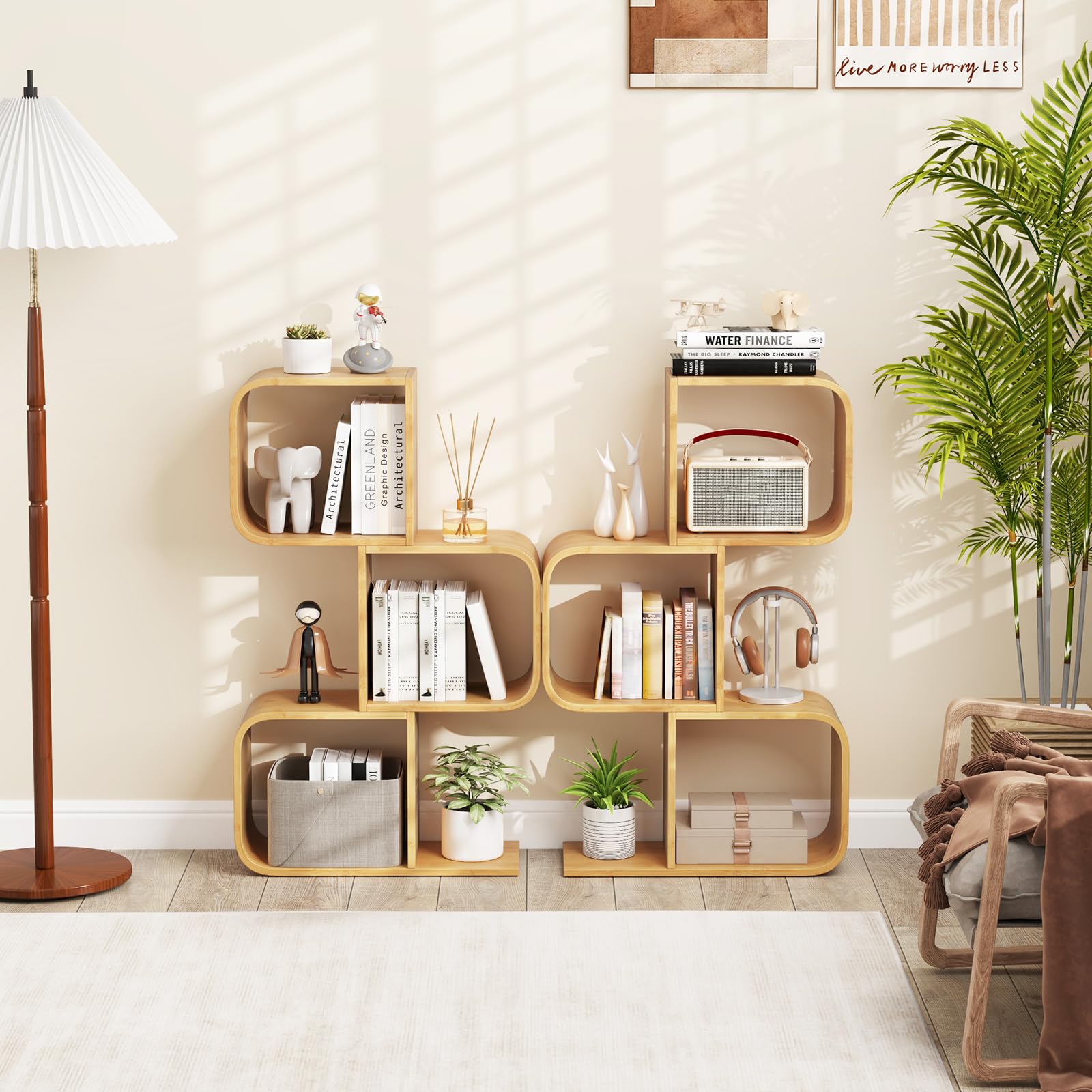 COSTWAY Estantería en Forma de S, Estantería de Almacenamiento de 3 Niveles con 3 Cubos Abiertos, Estantería de Bambú para Esquina Decorativo para Sala de Estar, Estudio, Oficina, Natural (3 Niveles)