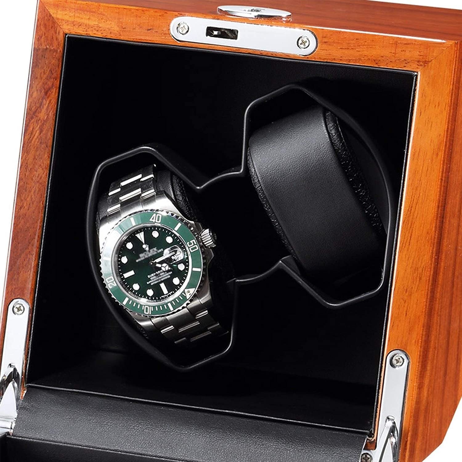 Caricatore per 2 Orologi Automatici con Motore Silenzioso e Luminoso, Scatola Porta Orologi in Legno massello, Adattatore CA, Batteria, Alimentazione USB （Black）