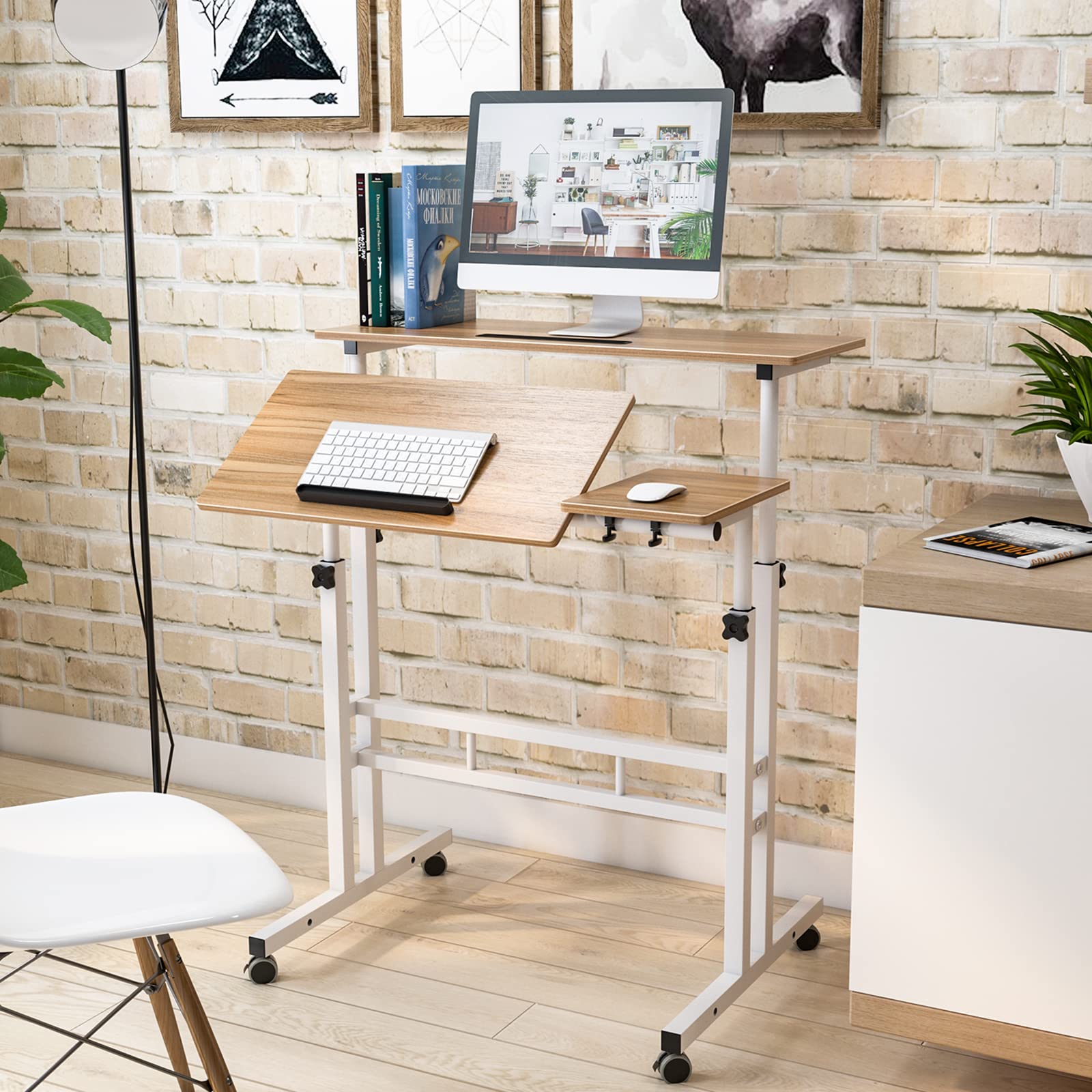 Scrivania Regolabile In Altezza 100 Cm Con Prese USB, Mobile Su Ruote, Rovere Grigio