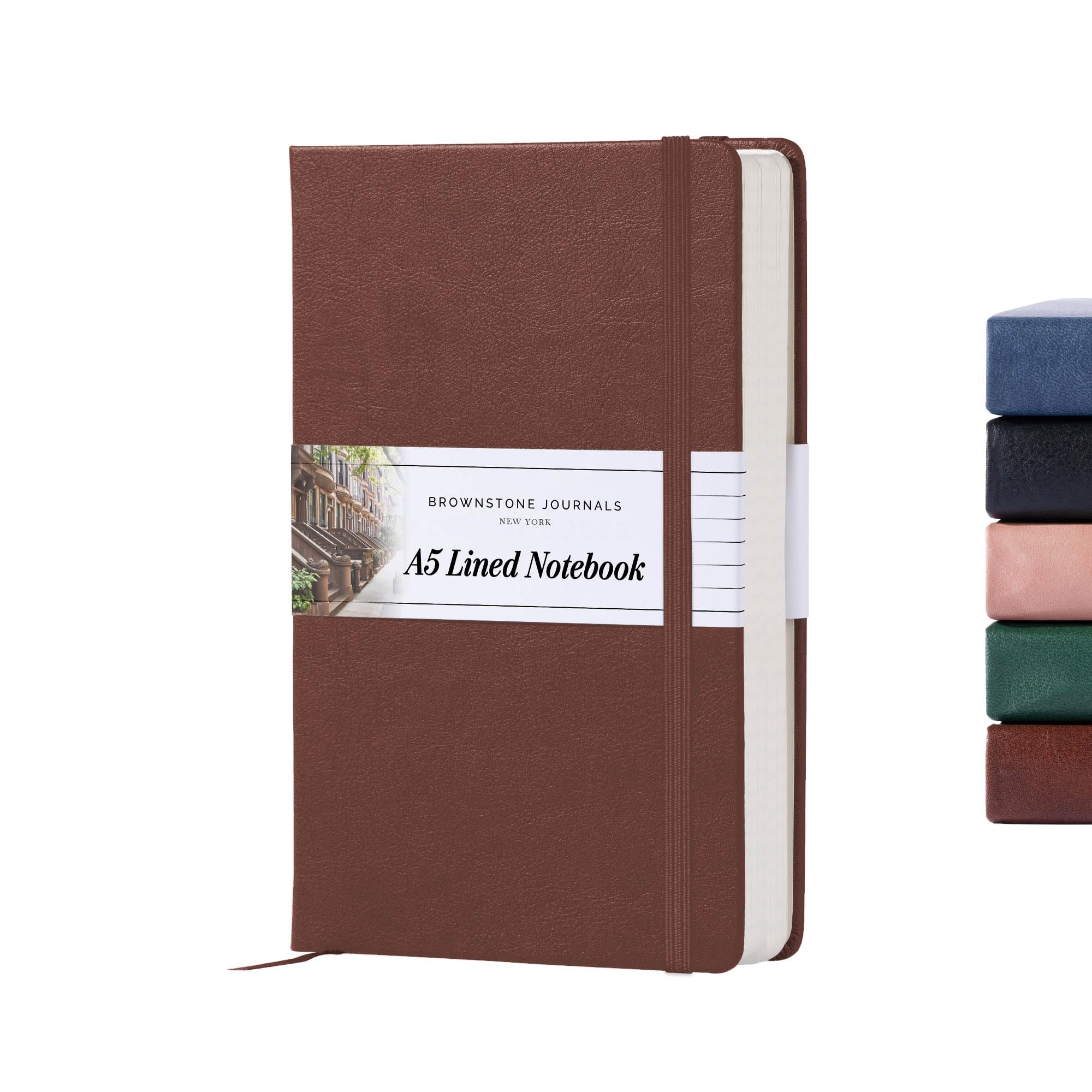 BROWNSTONE JOURNALS A5 Hardcover Lined Journal 5"x8" - Notebook for Work & Writing, 160 Pages Thick 100 GSM Paper, Lay Flat Binding, Elastic Band, Ribbon Bookmark (Chestnut Brown)