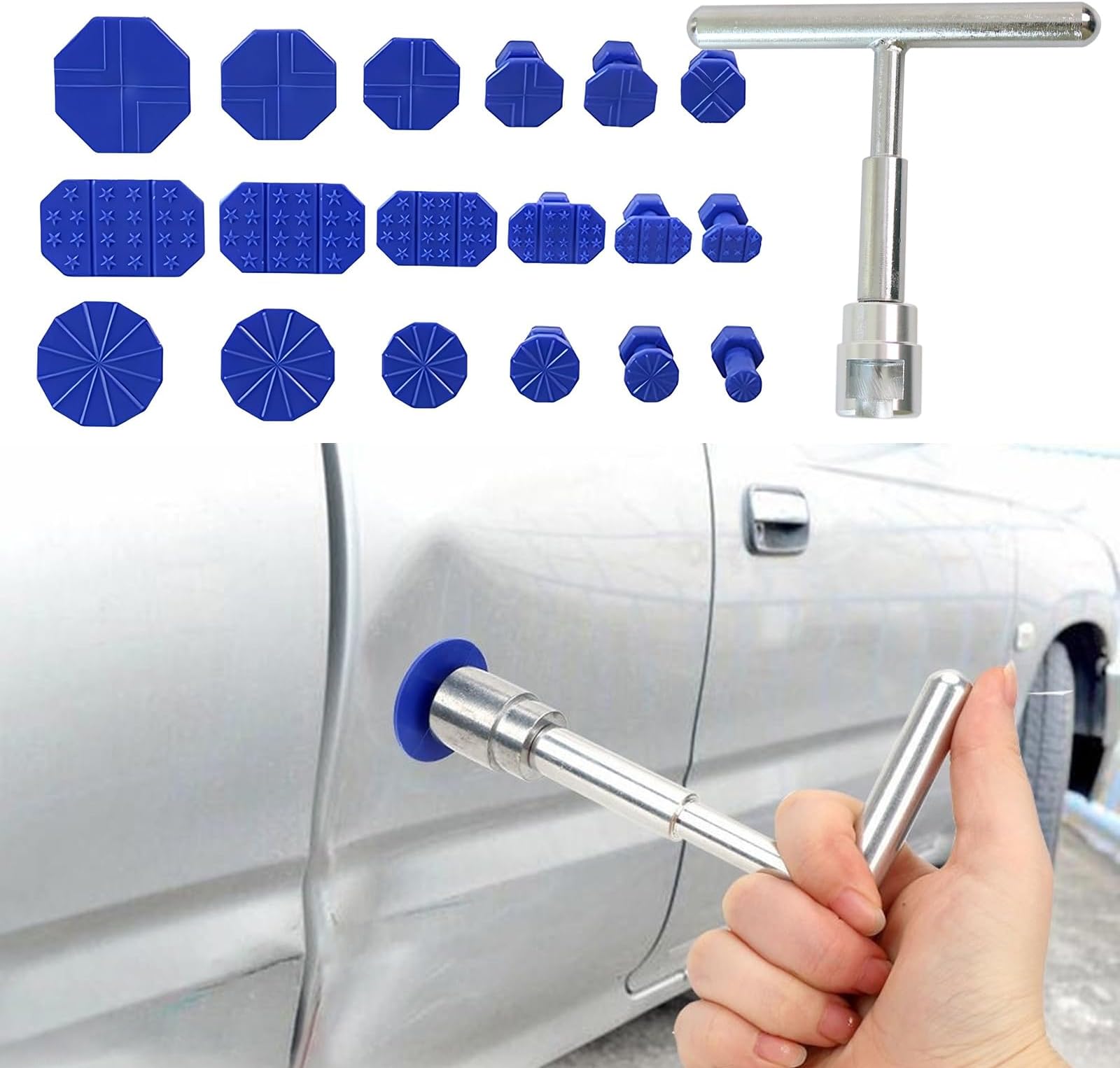 19 PCS Car Dent Repair Tool, Short T-Handle Puller + Eighteen Specifications of Dent Suction Cup Puller, Detachable Portable Multifunctional Universal for Car Repair Accessory (Blue & Silver)