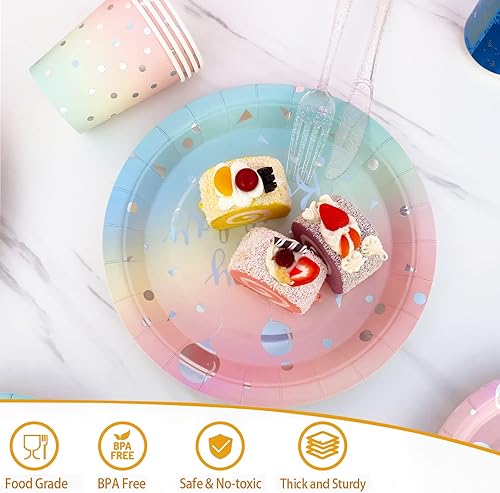 Miniatura 3 de Decoraciones de fiesta pastel, platos de cumpleaños y servilletas, suministros de fiesta, platos de fiesta pastel, vasos, servilletas, cubiertos