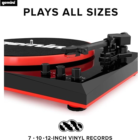 Gemini Sound TT-900 - Stylish 3-Speed Turntable with Wireless Bluetooth, Pitch Control, and Powerful 50W Speakers (Red)