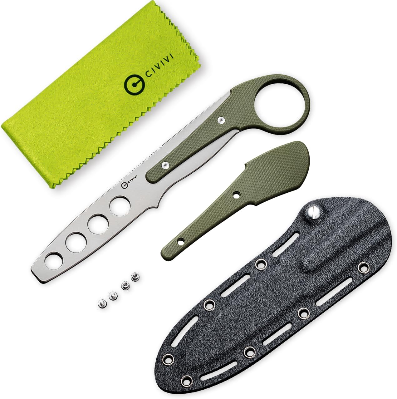Varius Trainer Fixed Blade Knife for Men, Training Knife with a Kydex Sheath, a Finger Ring and Conventional Handle, 3.26" D2 Dull Blade G10 Handle C22009C-2