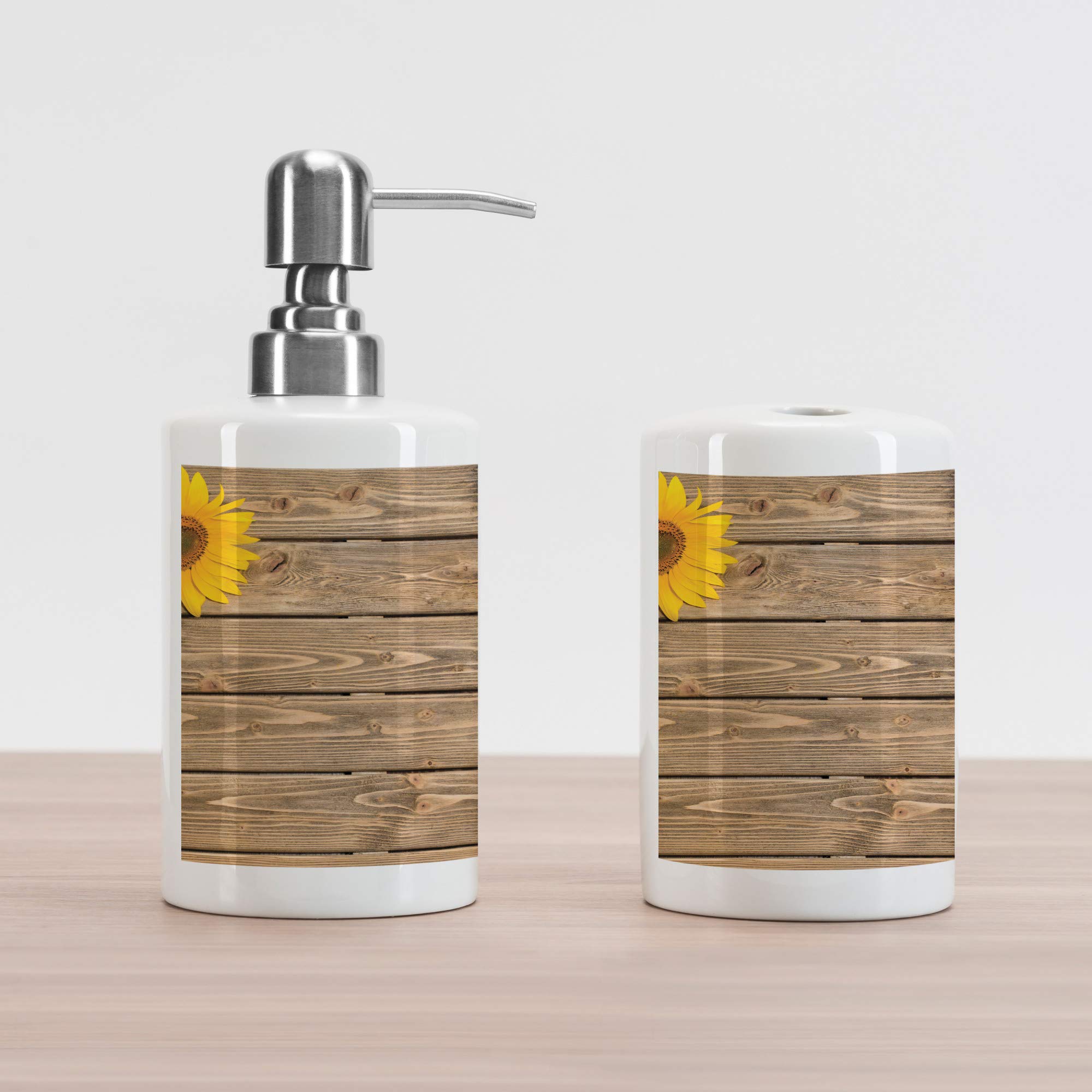 Lunarable Sunflower Soap Dispenser and Toothbrush Holder Set, 3 Sunflowers on Wooden Background at Top Left Corner Picture Print, Ceramic Bathroom Accessories, 4.5" X 2.7", Yellow Umber
