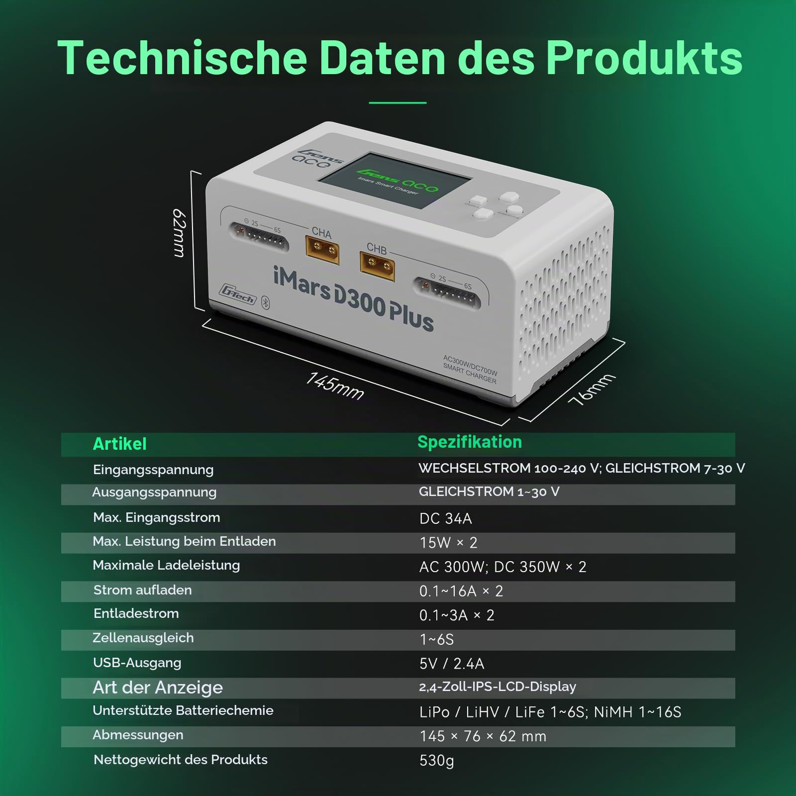 Gens ace iMars D300 Plus Smart Ladegerät, Dual-Channel RC Akku Lader mit G-Tech, Bluetooth App, AC 300W / DC 350W×2, Weiß