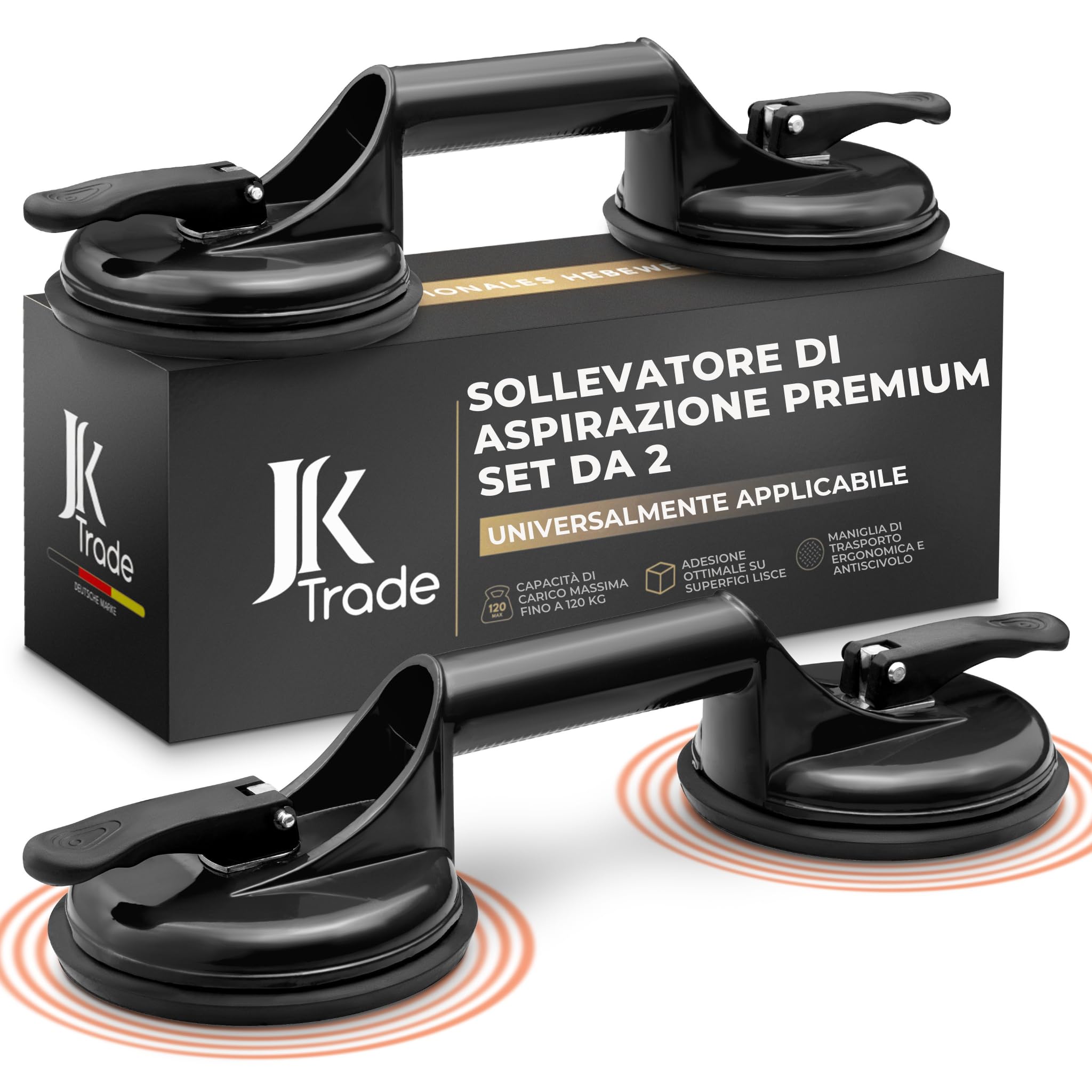 JK Trade® Set di 2 sollevatori a ventosa con maniglia, sollevatore sottovuoto antiscivolo con manico di supporto fino a 120 kg, strumento di sollevamento a ventosa come aiuto per il trasporto di