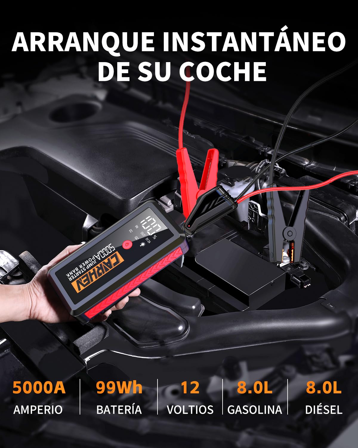 CARHEV Arrancador de Coches, 5000A Arrancador de Baterias de Coche (para 8.0L de Gasolina o 8.0L de Diésel) 12V Booster Jump Starter con Pantalla LCD, Linterna LED, Clips de Seguridad Inteligentes