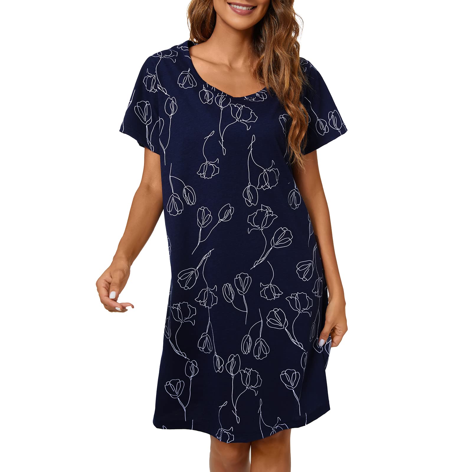 Tugege Women's Nightgown Short Sleeve Sleepshirts House Dress Sleepwear Casual Print Pajama (Navy Rose, XX-Large)