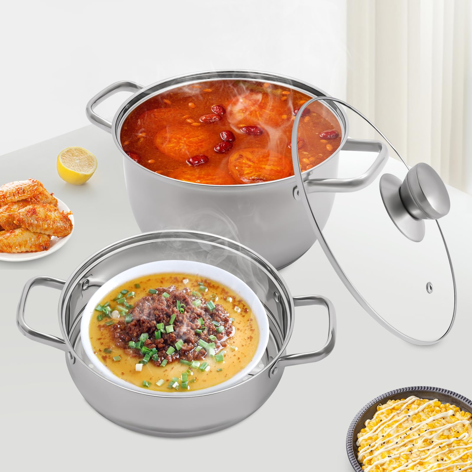 Pentola A Vapore A 5 Strati, In Acciaio Inox, 26/28/30 Cm, In Acciaio Inox, Coperchio In Vetro (26 Cm Pentola A Vapore A 5 Strati, In Acciaio Inox, 26/28/30 Cm, In Acciaio Inox, Coperchio In Vetro (26 Cm