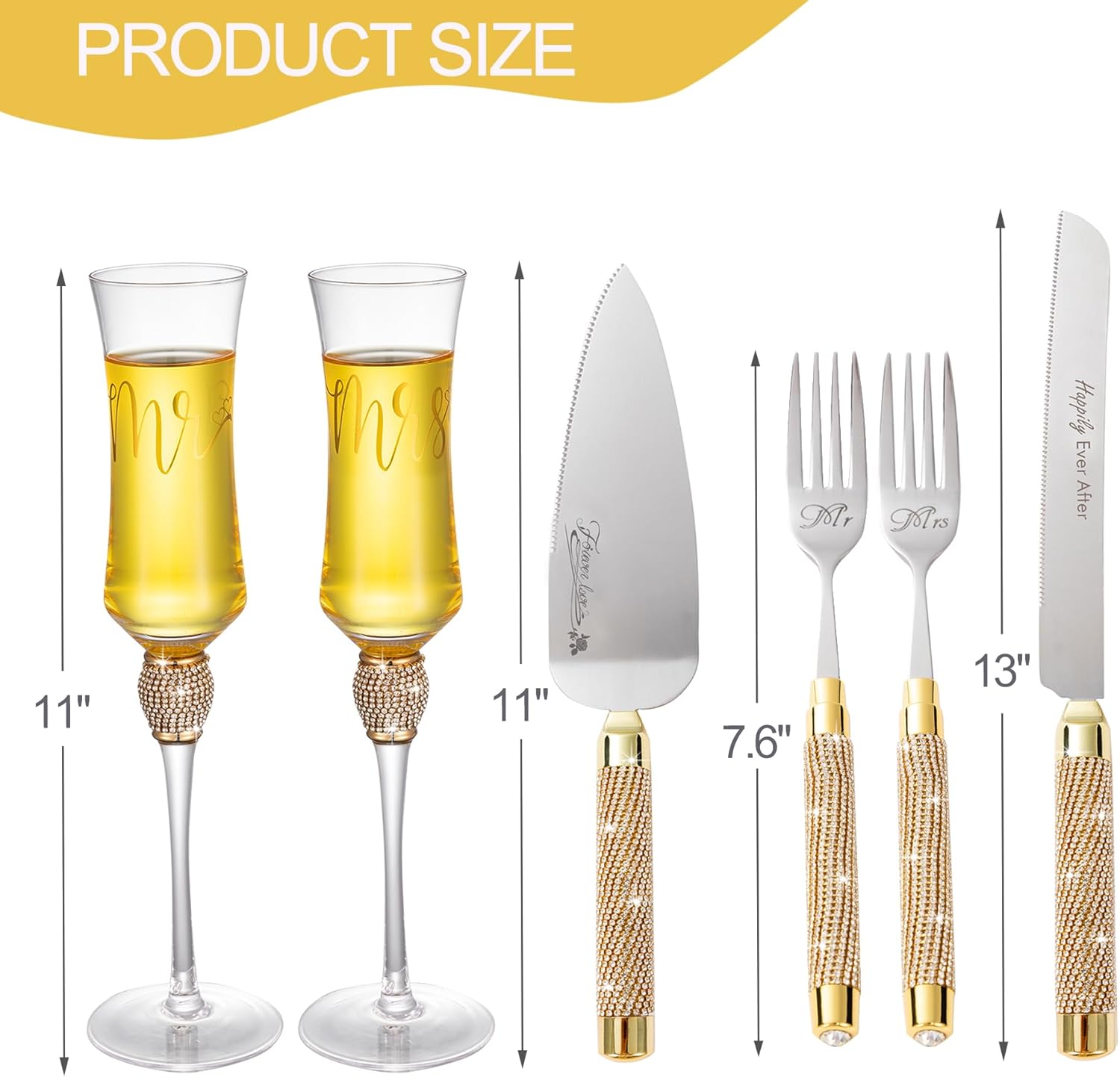 Wedding Cake Knife and Server Set, Gold Cake Cutting Set for Wedding, Mr and Mrs Champagne Flutes for Bridal Shower Gifts Engagement Gifts for Couples - Image 7
