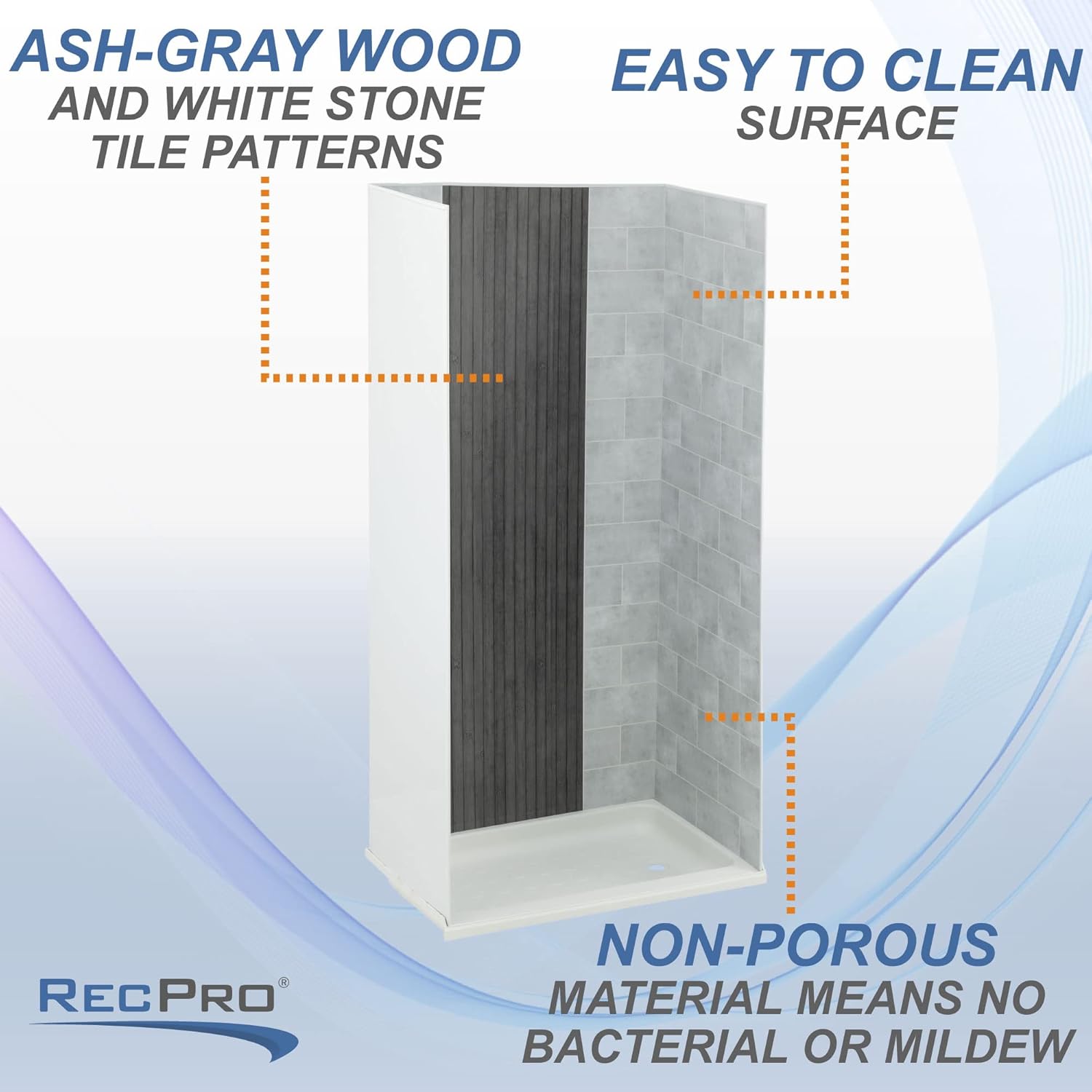 RecPro RV 24" x 40" Shower Surround with or Without Shower Pan | Adhesive Included | One Piece Glue-in (Dark Gray Waterfall, Shower Surround With Center Drain Pan)