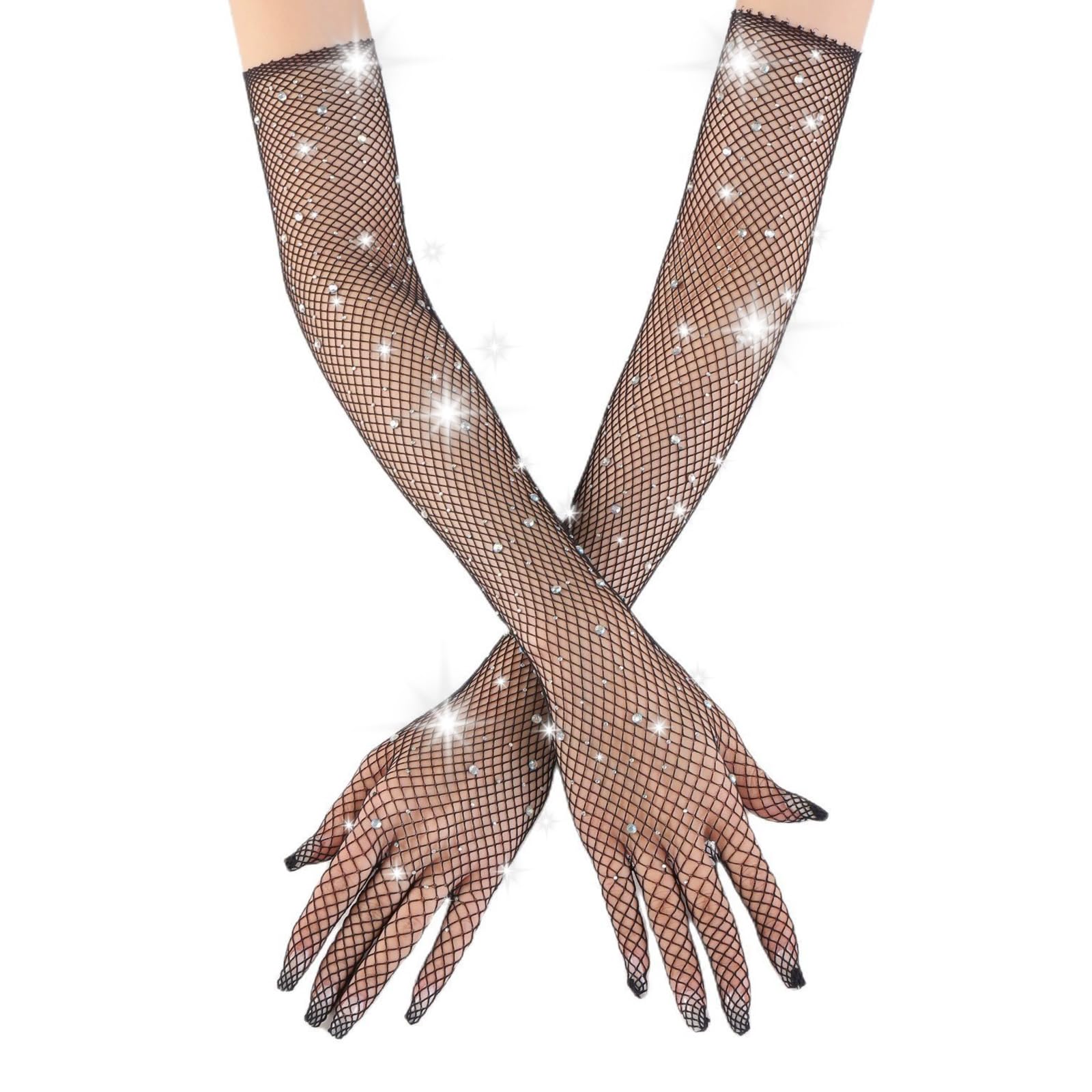 Fjquamitix Women's Black Fishnet Gloves Sparkly Rhinestone Long Mesh Gloves 80S Fashion Arm Sleeves Evening Party Cosplay Costume Halloween Accessories For & Girls (, One Size)
