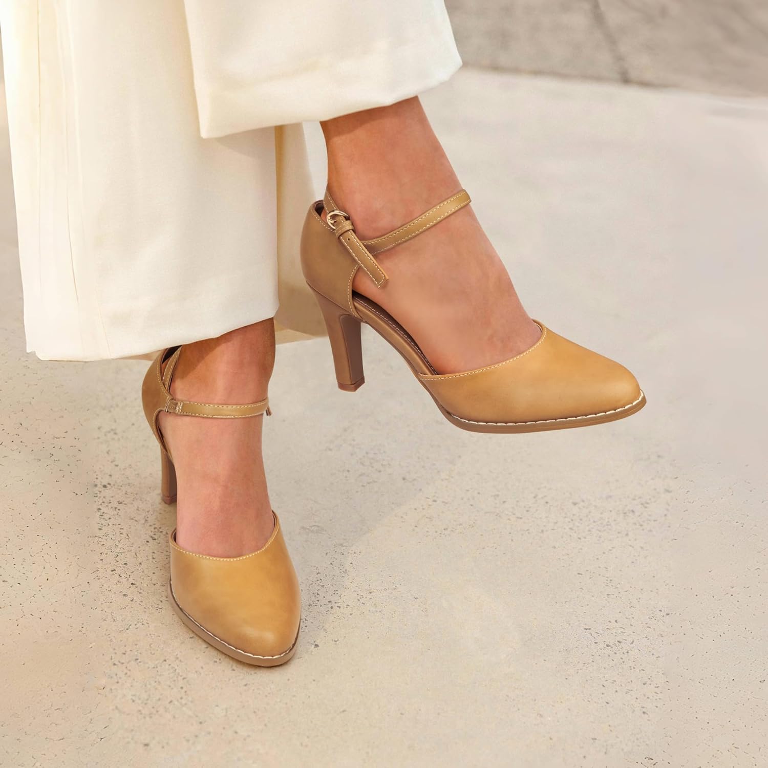 Womens Chunky High Heels Closed Toe Ankle Strap Pumps Vintage Shoes,COUTGLOWS-Light Brown-8 - Image 2