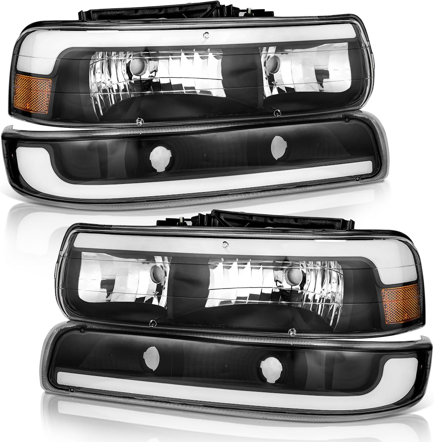 WEELMOTO LED Headlights Assembly for 99-02 Chevy Silverado 1500 2500; for 01-02 Silverado 1500HD 2500HD 3500HD; for 00-06 Tahoe Suburban 1500 2500; with Daytime Bar Tube+Parking Turn Signal Light