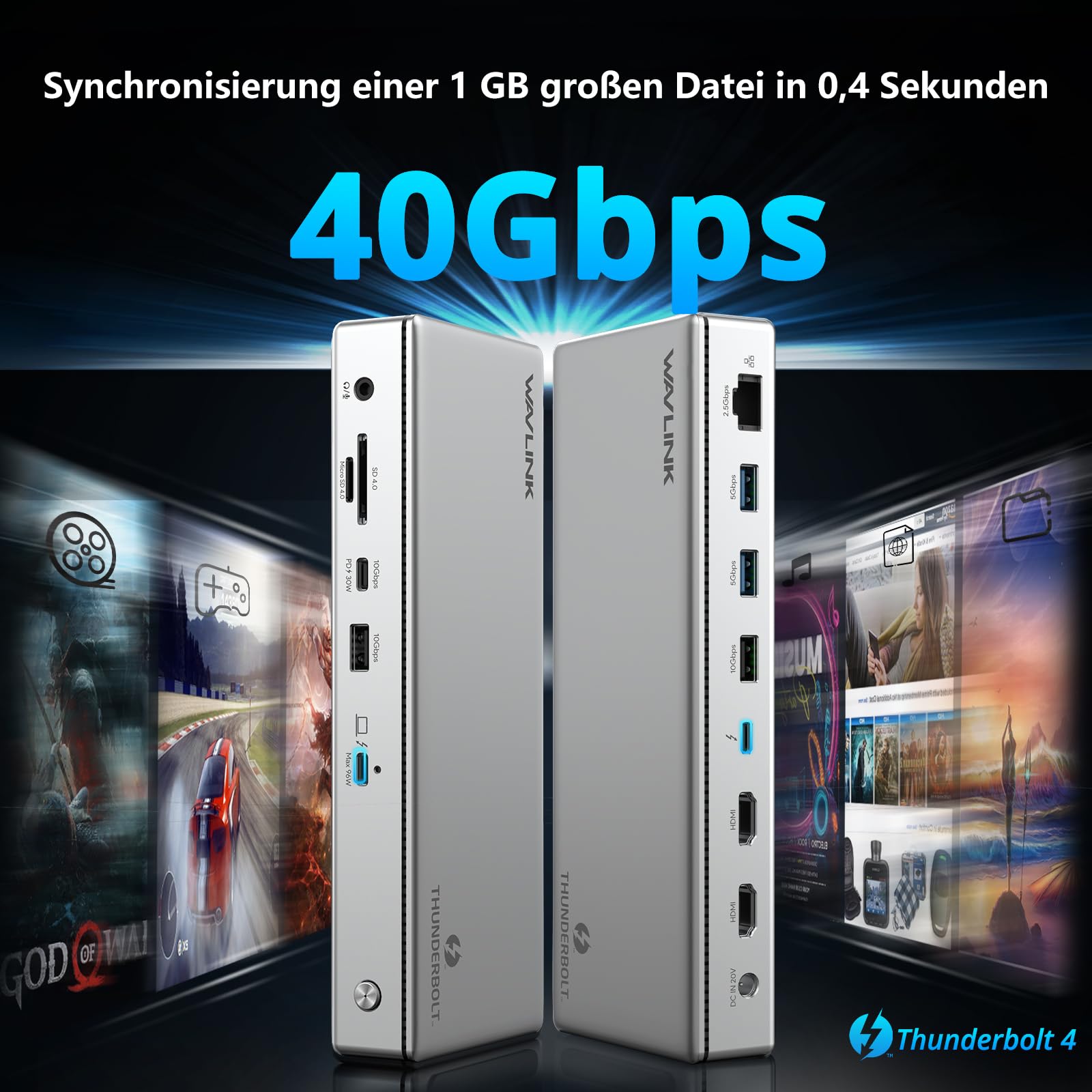 WAVLINK Thunderbolt 4 stacja dokująca, 96 W PD, Single 8K/Triple 4K monitor stacja dokująca z 2 portami Thunderbolt, 2 x HDMI, 2 x USB-A 3.1, 2 x USB-A 3.0, USB-C, Ethernet, SD/MicroSD, Audio/Mic