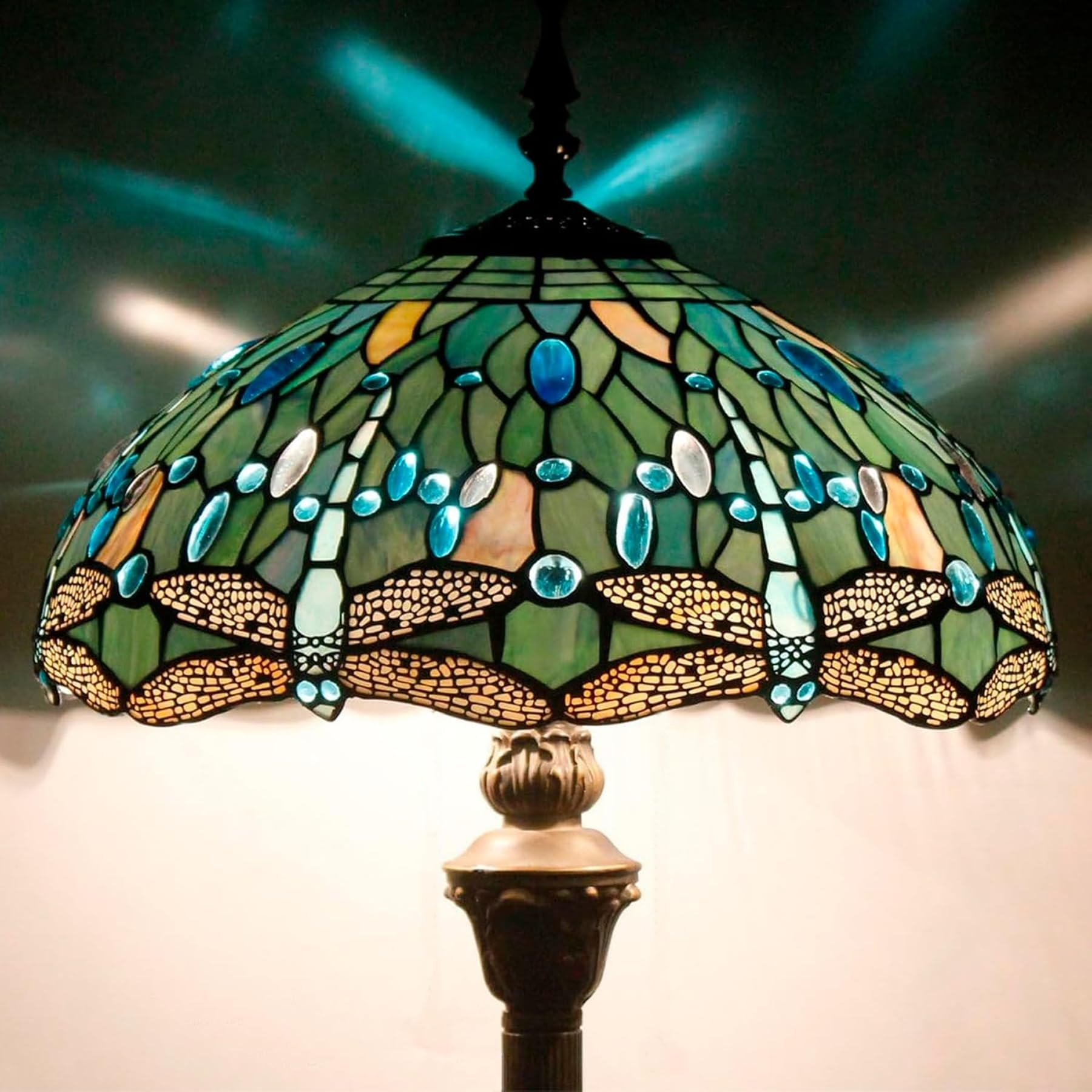 WERFACTORY Tiffany Floor Lamp Sea Blue Stained Glass Dragonfly Style Light 16X16X64 Inches Standing Type Reading Light Antique Pole Corner Lamp Decor Living Room Bedroom Home Office S147 Series