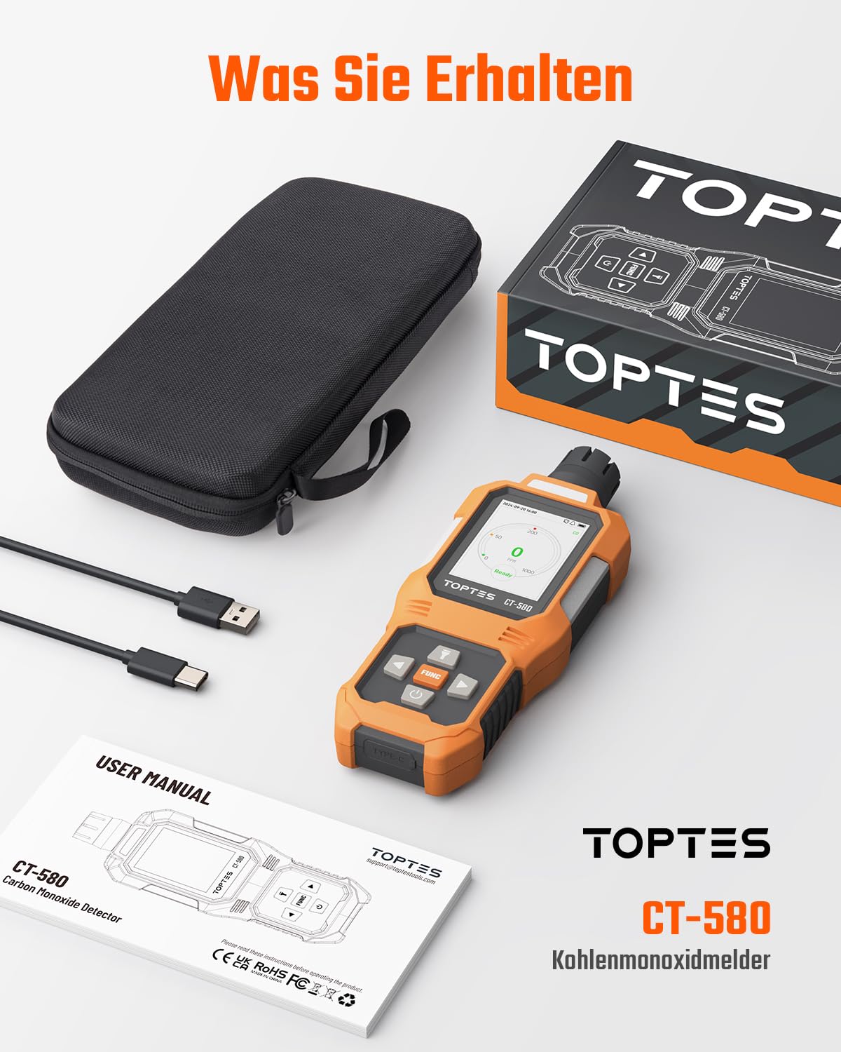 TOPTES CT-580 Kohlenmonoxidmelder, wiederaufladbarer CO-Melder mit Vibration, visuellen & akustischen Alarmen, tragbarer CO-Alarm, 0-1000PPM, TFT-Farbdisplay für Zuhause, Auto, Camping & Reisen