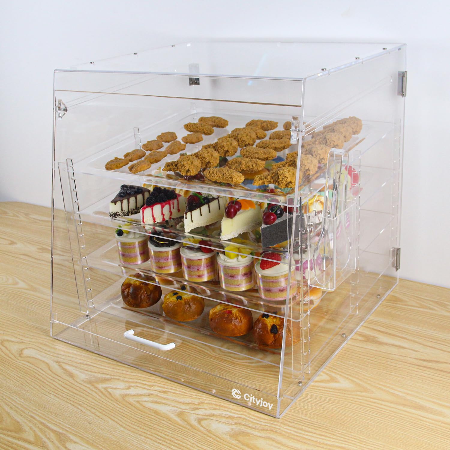 4 vassoi trasparenti da banco per panetteria, 55,5 x 53 x 53,3 cm, vetrina rimovibile per pasticceria, armadietto per pane in acrilico con porte posteriori, alzata per torte e dessert