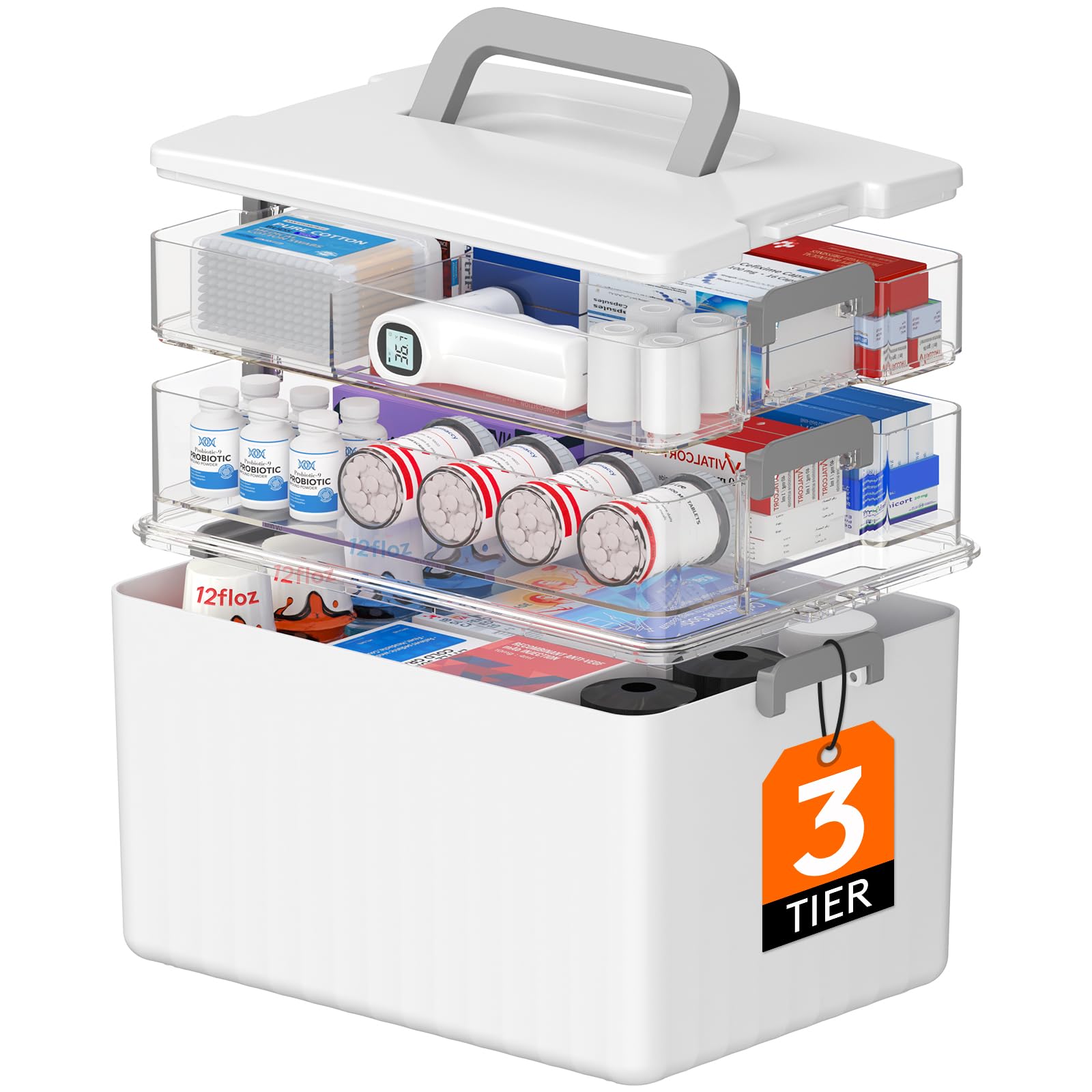 Lifewit 3 Tier Medikamentenbox, Kunststoff Medizinbox mit Griff, Medikamenten Aufbewahrung für Flaschen bis zu 18 cm hoch, Hausapotheke Medikamenten Organizer für Zuhause Büro Schule, 32x21,5x30cm
