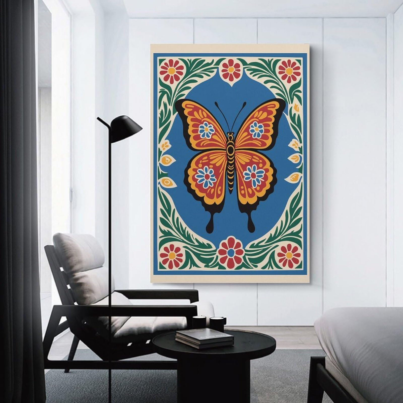 Junmoney Butterfly with Floral Border Canvas Wall Art 12x18inch(30x45cm), for Home Lounge, Bedroom Or Reading Nook, Eye Catching Artwork for Blank Walls