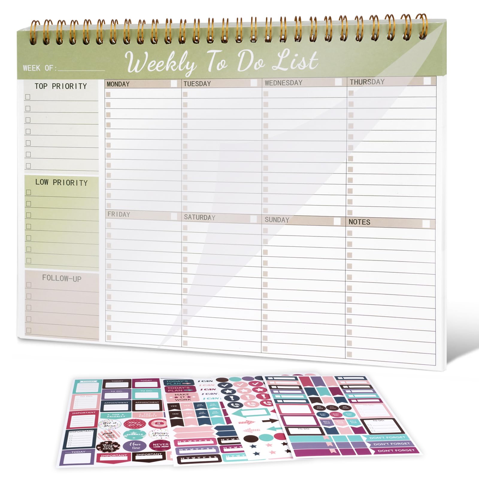 Weekly Planner Pad, 25 X 17.6cm To Do List Notepad,Undated Weekly Planner Notebook,52 Sheets Spiral To Do List Pad with 4 Sheets of Stickers for Work Study Fitness Family Schedule
