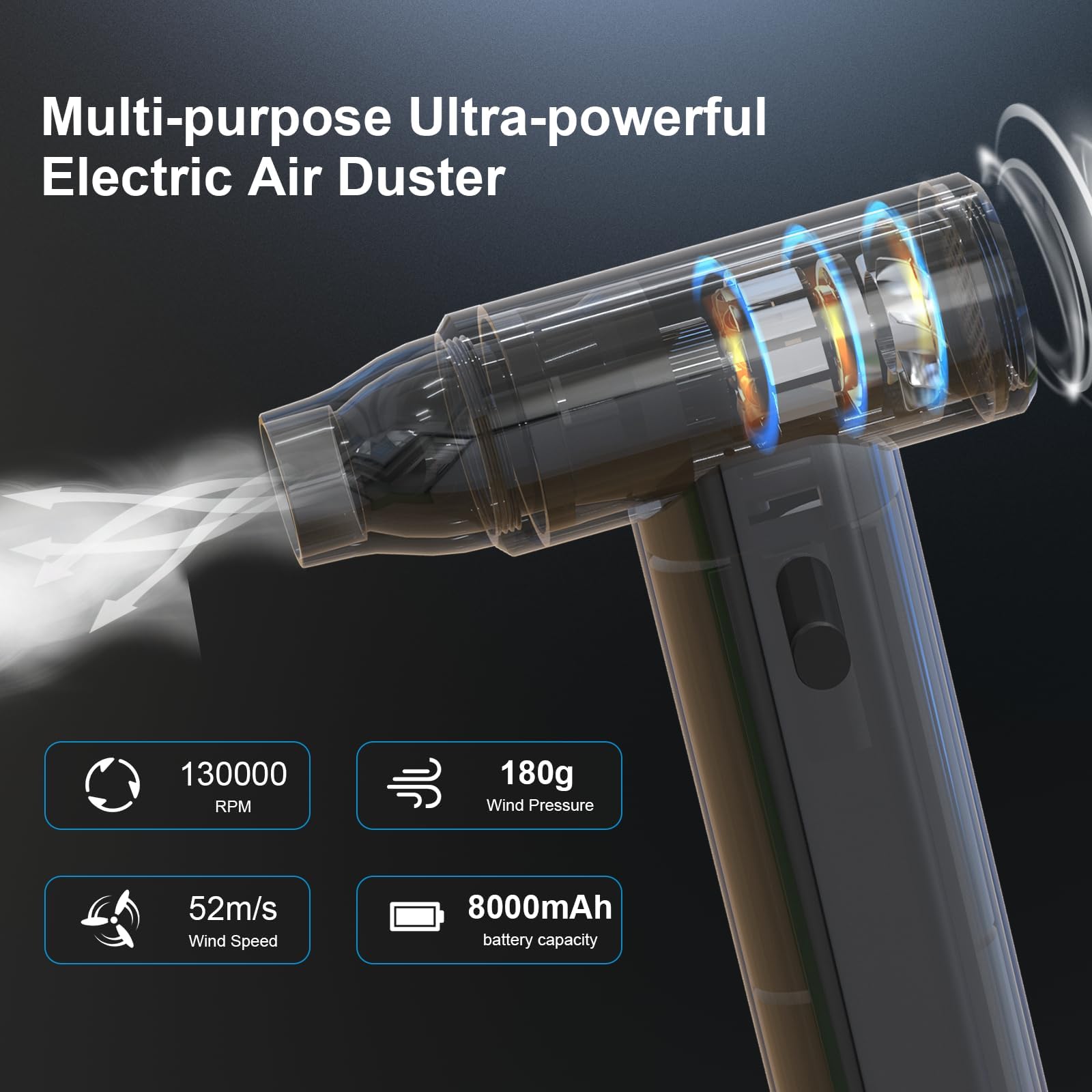 Compressed Air Duster - 130000RPM Electric Mini Blower - Turbo Fan - Car Dryer, Cordless Air Duster for Computer Keyboard, Outdoors, Car, Home (Silver)