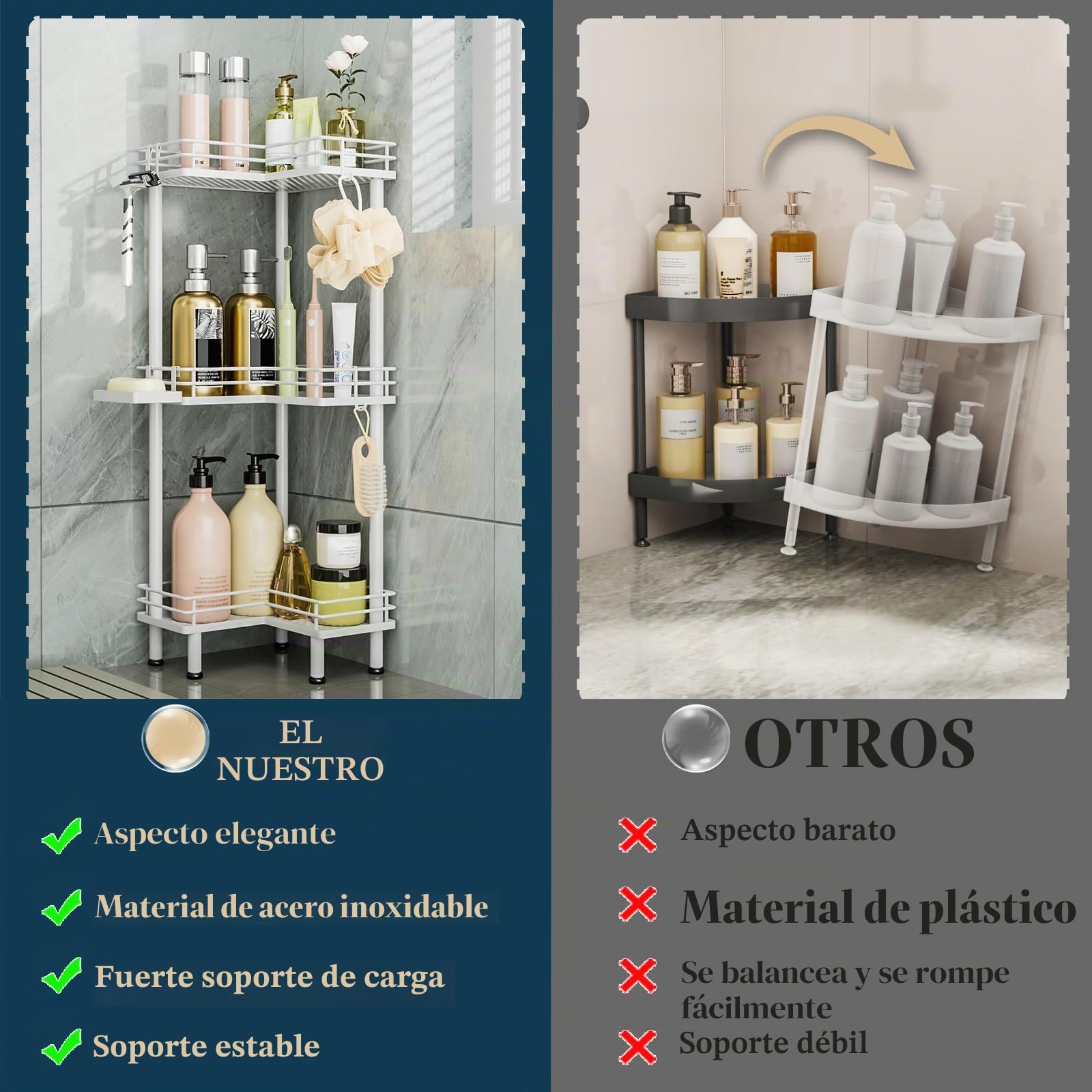 Consumest Organizador de ducha esquinero de pie – Organizador de ducha de acero inoxidable de 3 niveles con soporte para jabón y 4 ganchos, estante de esquina de ducha de gran capacidad para baño,