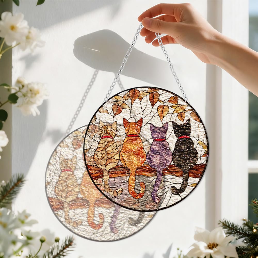 Décoration chat acrylique incassable effet vitrail Noël 20cm