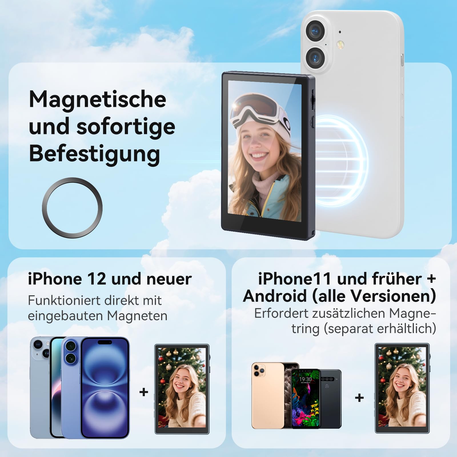 Écran magnétique pour Selfie Martphone avec caméra arrière pour iPhone et Android pour TikTok Live Streaming Noir Smartphone Vlog Selfie Monitor Screen