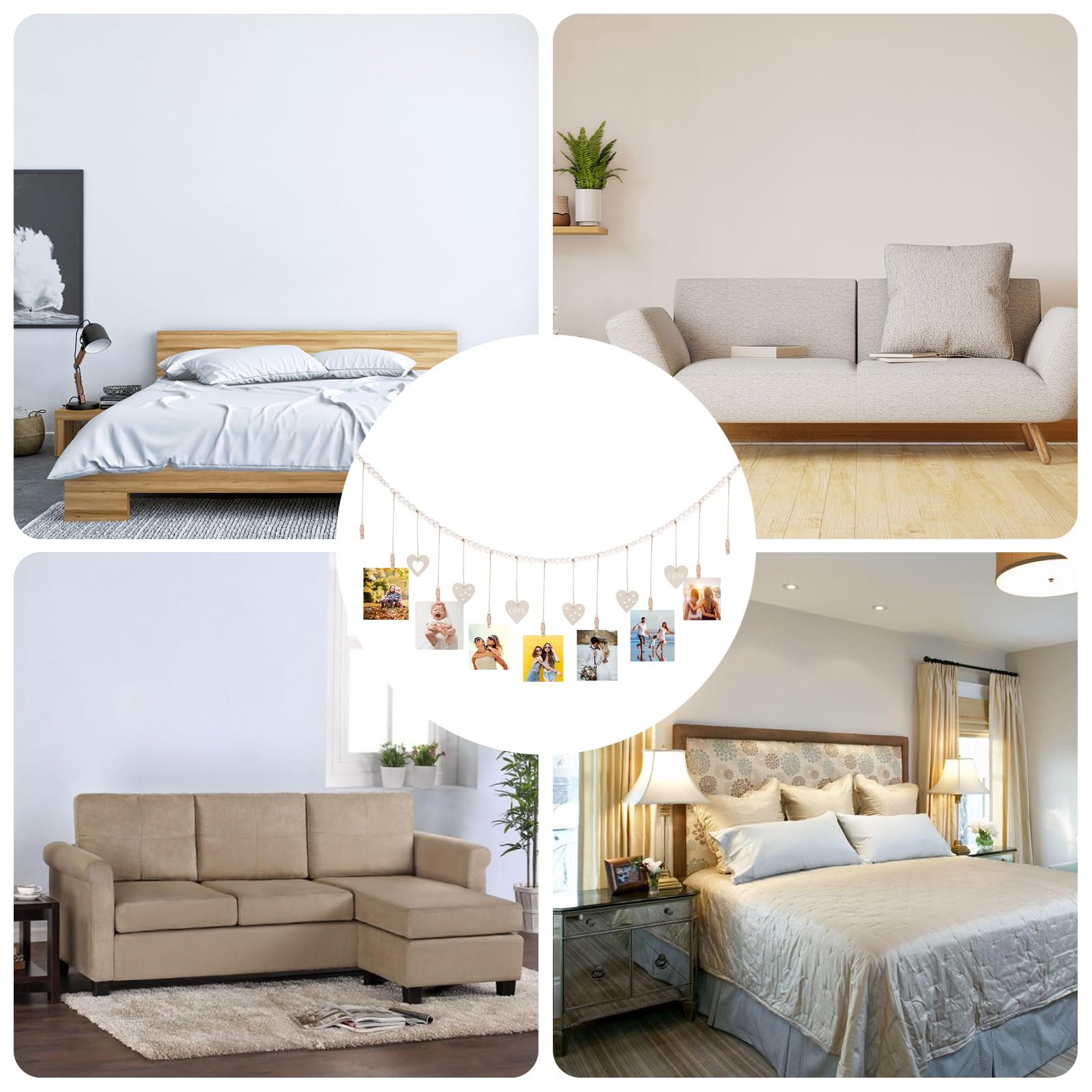 Cadre Photo En Bois 38 X 90 Cm Avec 30 Pinces Et 3 Aimants - Plusieurs Cadres Photo - Baguette En Bois Avec Pinces - Décoration Murale