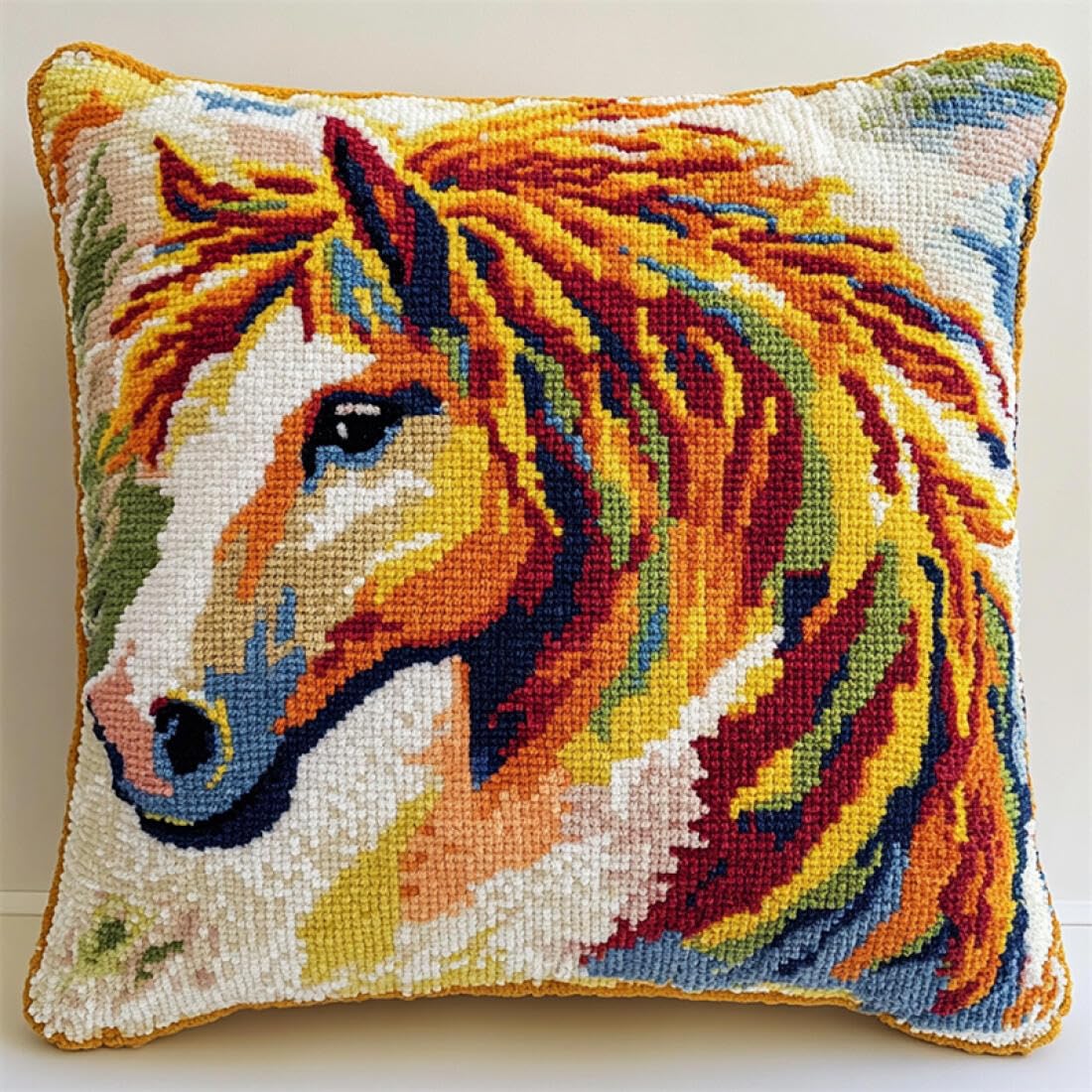 Kitquiver Animal Latch Hook Cushion Craft Kits Colorful Horse Latch Hook Kit Pillow DIY Rug Crochet Hook Cushion Making Kits with Preprinted Pattern Canvas 17x17In