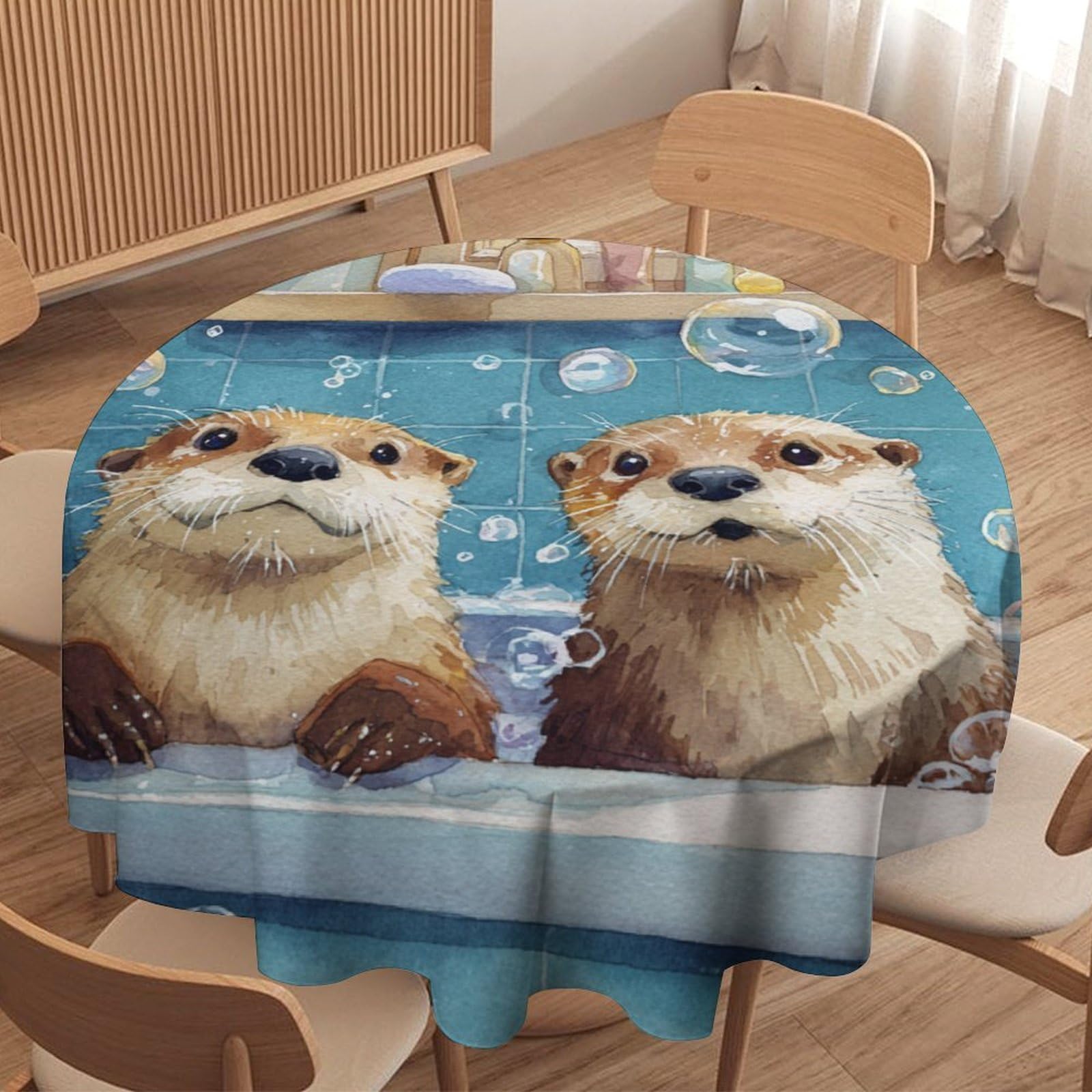 LUYYSKY Cute Rustic Otters Waterproof Round Tablecloth Cartoon Aesthetic Bathroom Art Animal Otters Pattern Washable Table Cover for Kitchen-177.8" Wx177.8 L cm