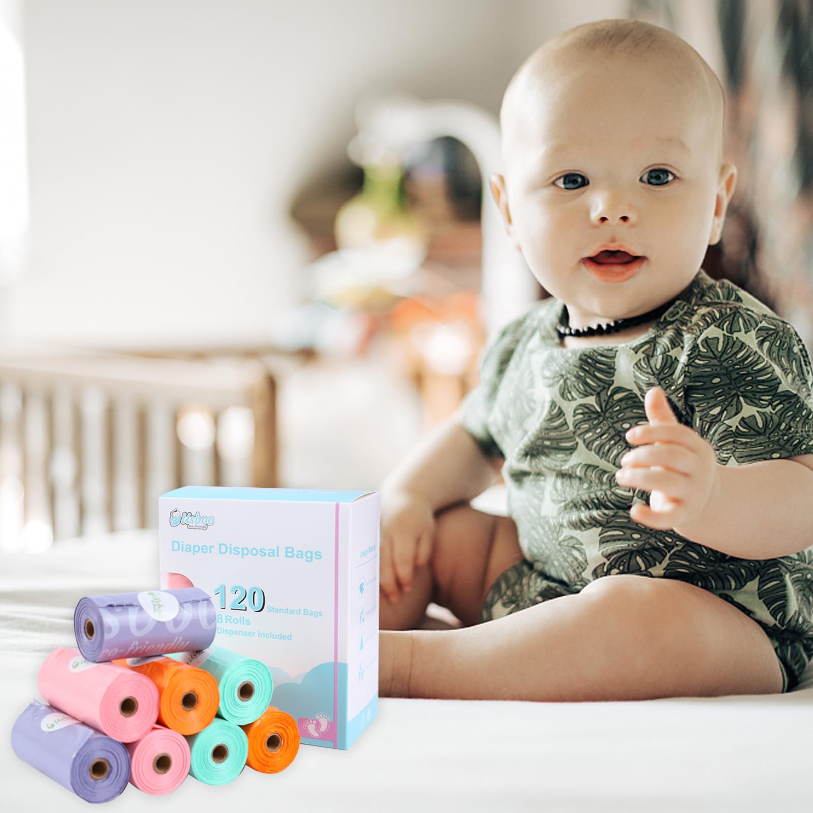 Diaper Bags Disposable for Baby, 8 Refill Rolls/120 Bags Dirty Disposable Diaper Bags with Dispenser, Convenient and Quick Diaper Disposal, Poop Bags,Rainbow