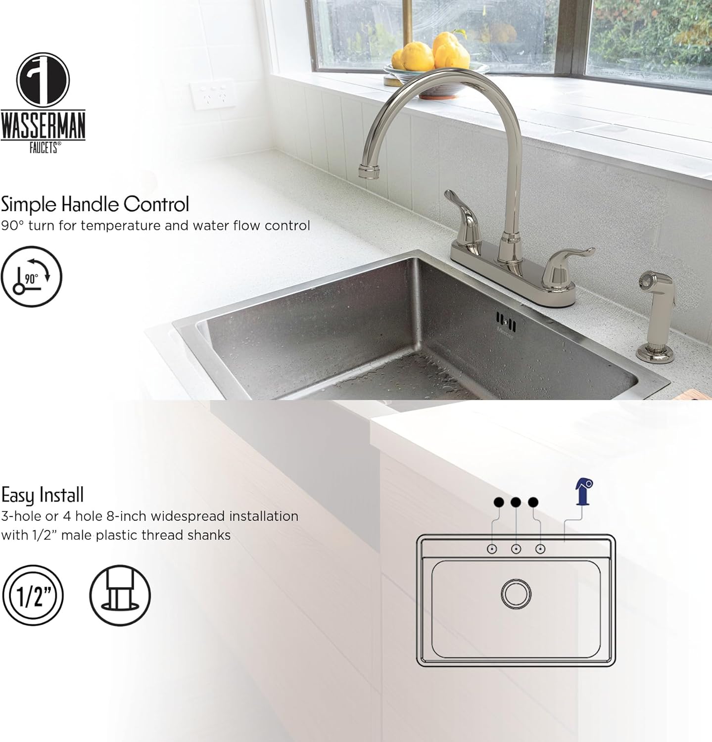 Wasserman 23073124 - Mobile Home RV Kitchen Sink Faucet High Spout Dual Lever Handle with Side Spray, High Arc, Deck Mount, Brushed Nickel, 8 inch on Center, for Campers, Motorhomes, Travel