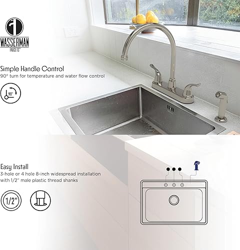 Miniatura 4 de Wasserman 23073124 - Grifo para fregadero de cocina RV con boquilla alta, doble mango, sin lavabo, con rociador lateral