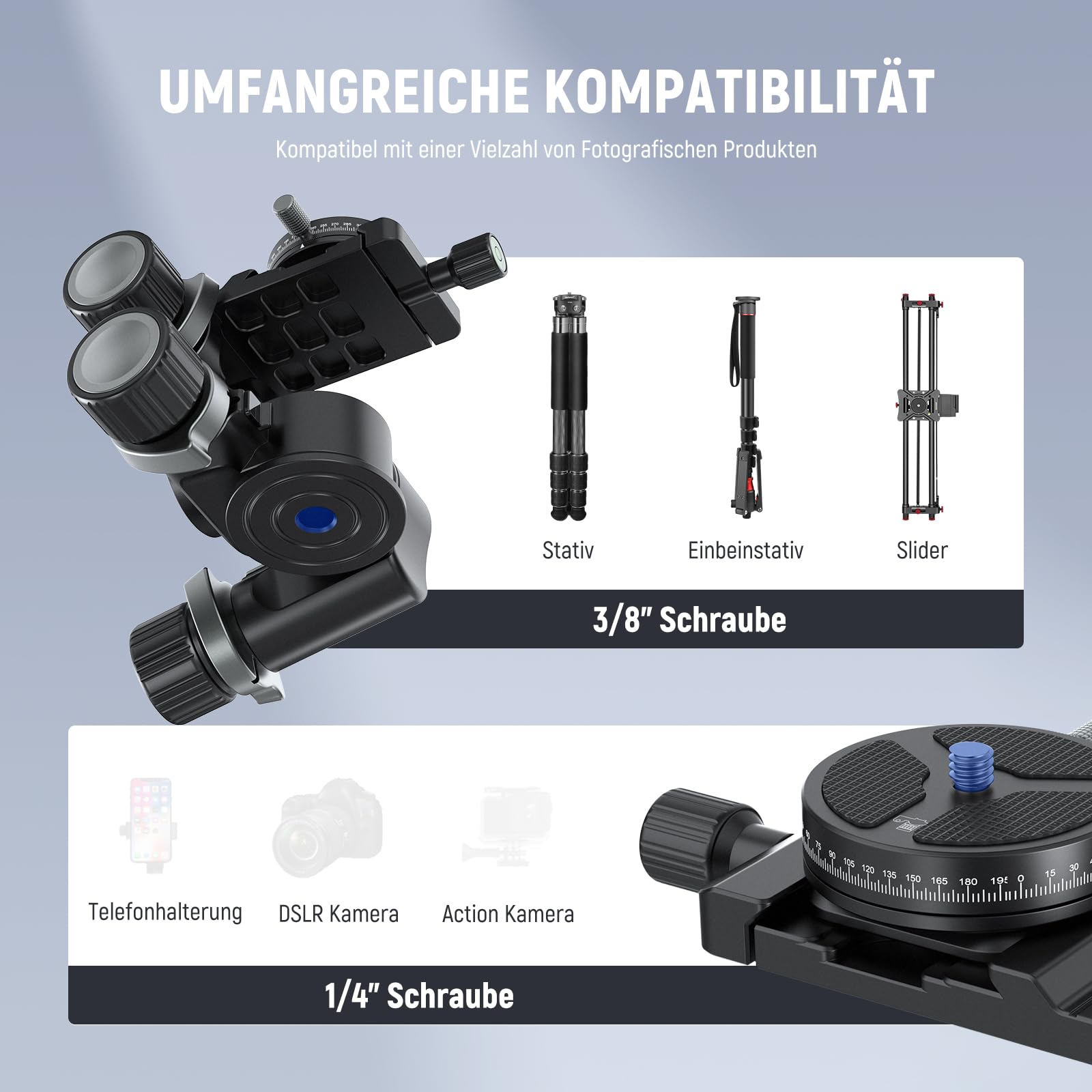NEEWER TH15 3 Wege Stativkopf mit Getriebe, 3 Achsen Schwenk Neigekopf aus Alu. mit Grob und Feineinstellung, 360°Pan Arca Schnellwechselplatte Millimeter Feineinstellung Reinigungstuch max. Last 6kg