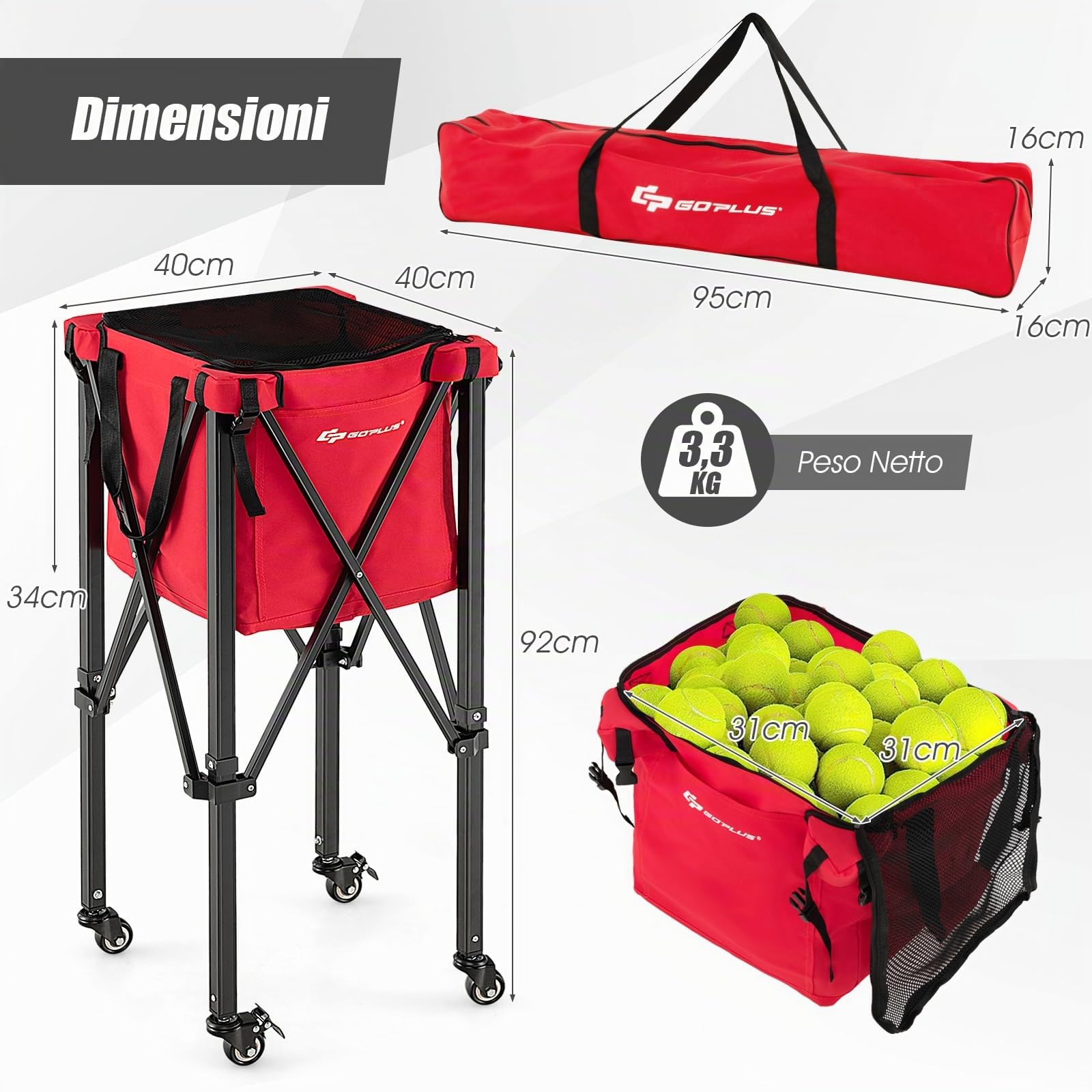 GYMAX Carrello Porta Palline da Tennis Pieghevole in Alluminio e Tessuto Oxford con Capacità di 150 Palline e Sacca Rimovibile, Carrello da Tennis con Ruote per Allenamento, Rosso