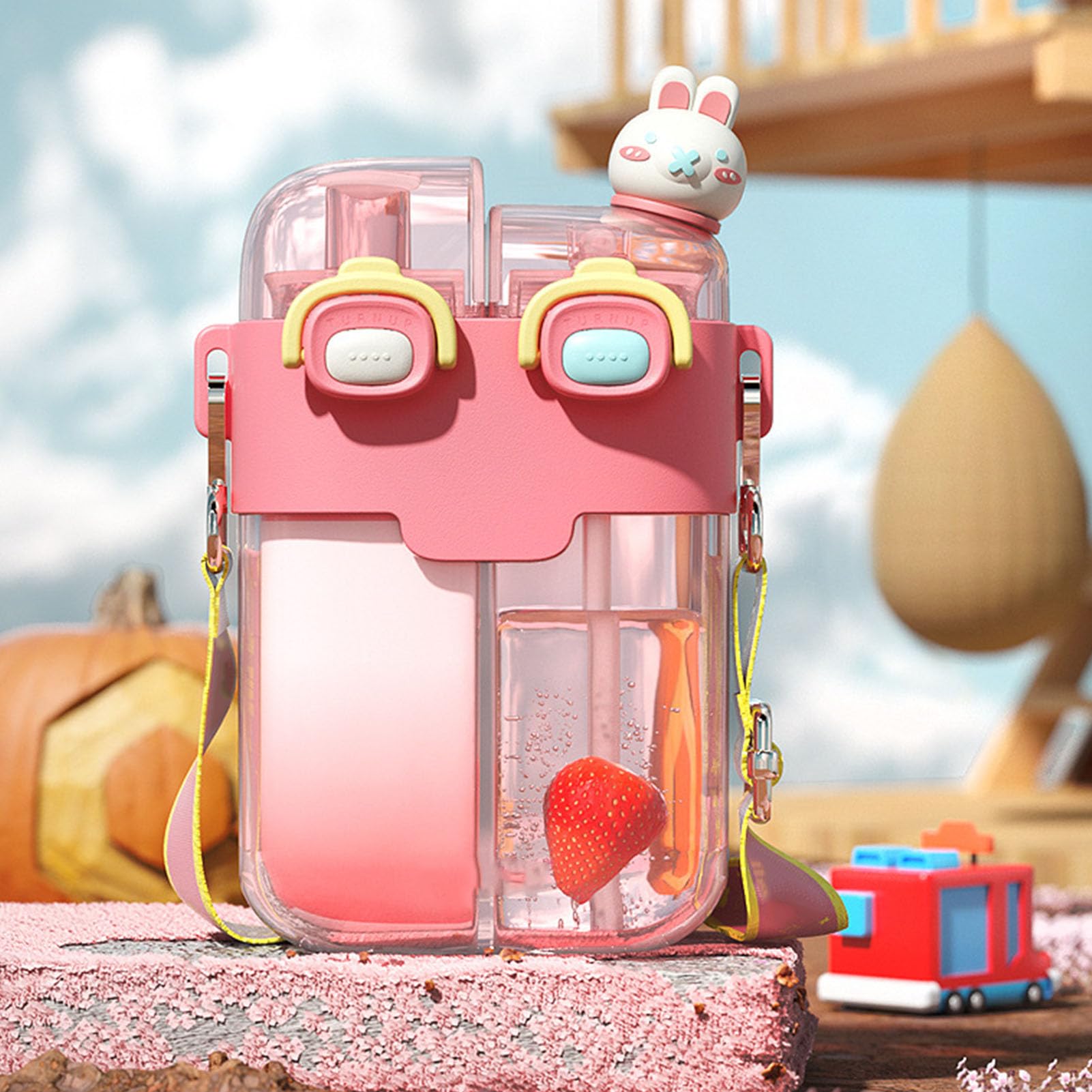 Bottiglie D'acqua Kawaii con Cannuccia, Cinturino Regolabile in Plastica per Doppia Bottiglia D'acqua Alla Moda per Sport Fitness Palestra Brocca D'acqua da Campeggio (Rosa