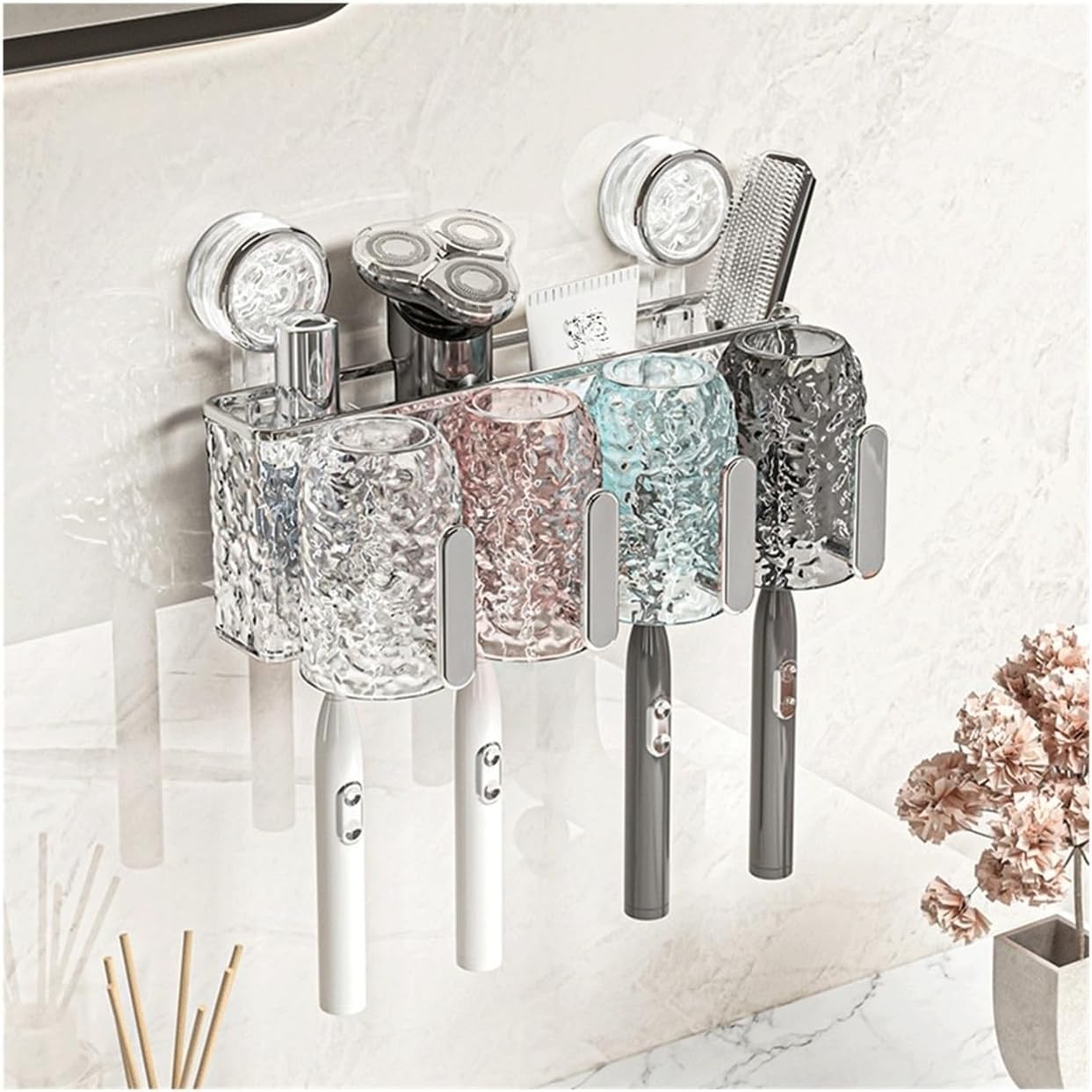 パンチフリー吸盤歯ブラシとカップ収納ラック、バスルームマウスウォッシュカップ収納ラック、U字型カードスロット歯ブラシは落ちにくく、真
