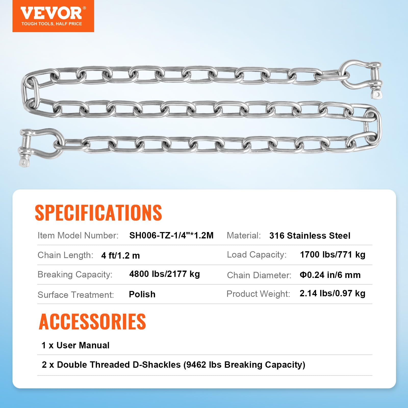 VEVOR Cadena de Ancla para Barcos 6,35 mm x 1,2 m BS, Cadena de Ancla de Acero Inoxidable 316 de Grado Marino con Grilletes de Anillo de Bloqueo Doble para Cubierta, Funciona con Varios Anclas