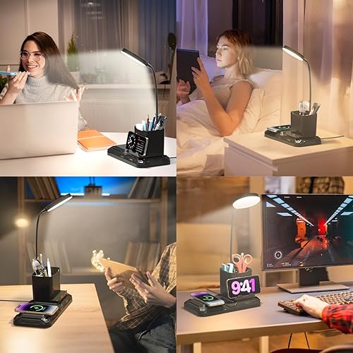 Miniatura 6 de KDD Lámpara de escritorio 4 en 1 con cargador inalámbrico, lámpara de mesa pequeña de cuello de cisne giratoria de 360 con soporte para bolígrafo y