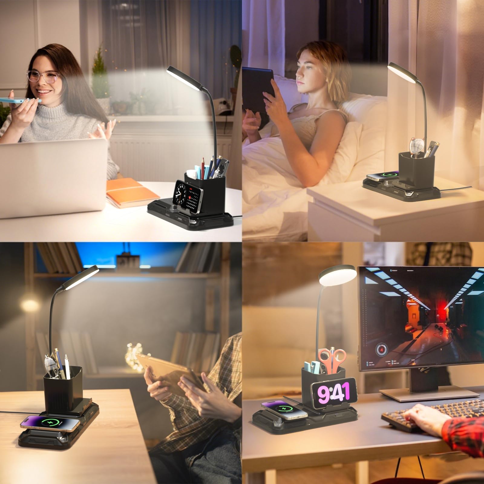 KDD Lampara Escritorio con Carga Inalámbrica, 4 en 1 Flexo LED Escritorio con 2 Modos 3 Niveles de Brillo Regulable, Plegable Lampara de Mesa con Cuello Cisne 360° para Cama Oficina Estudiar Luz Noche