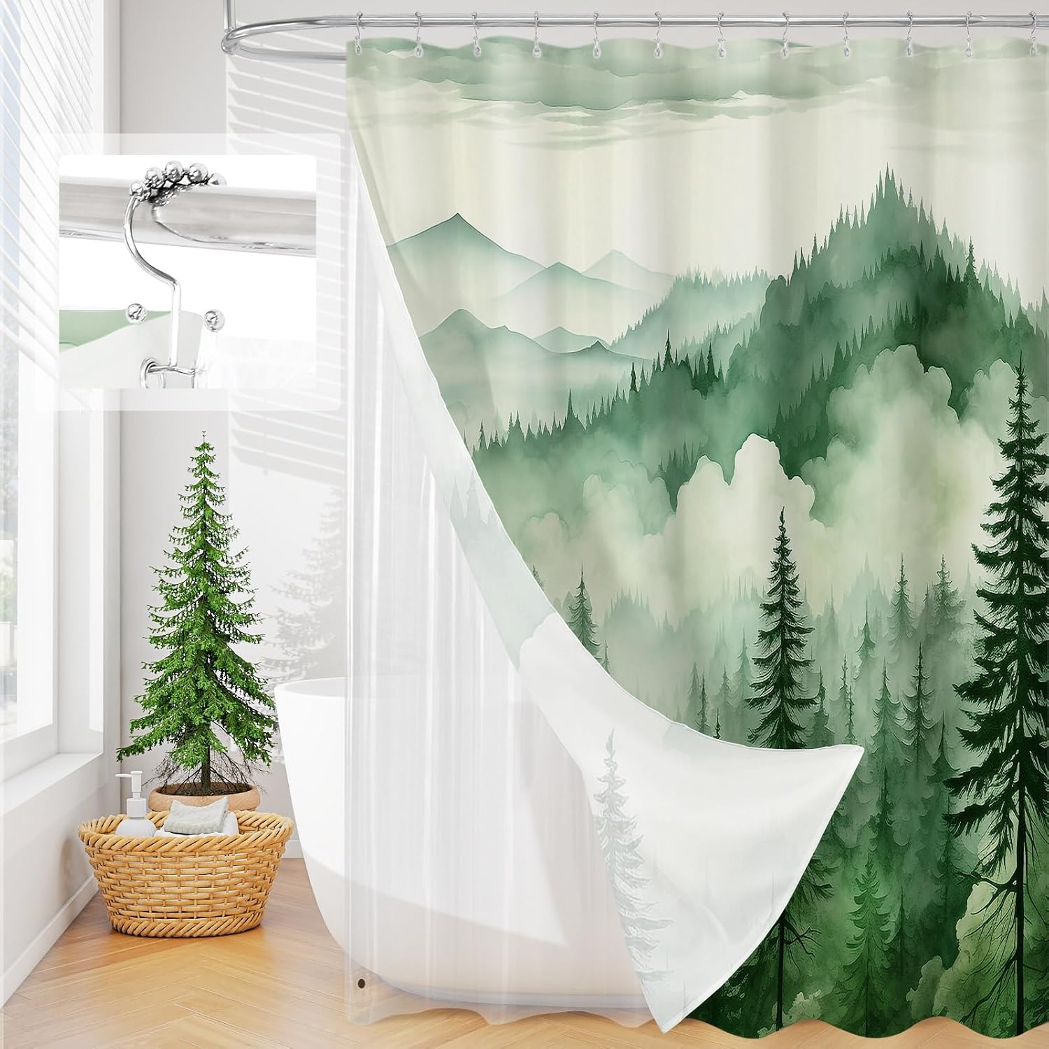 Litable Dark Green Forest Shower Curtain Set, 3 in 1 Fabric Shower Curtain with Waterproof Plastic Shower Curtain Liner & 12 Stainless Steel Metal Hooks, Misty Pine Nature Bathroom Curtain 72x72