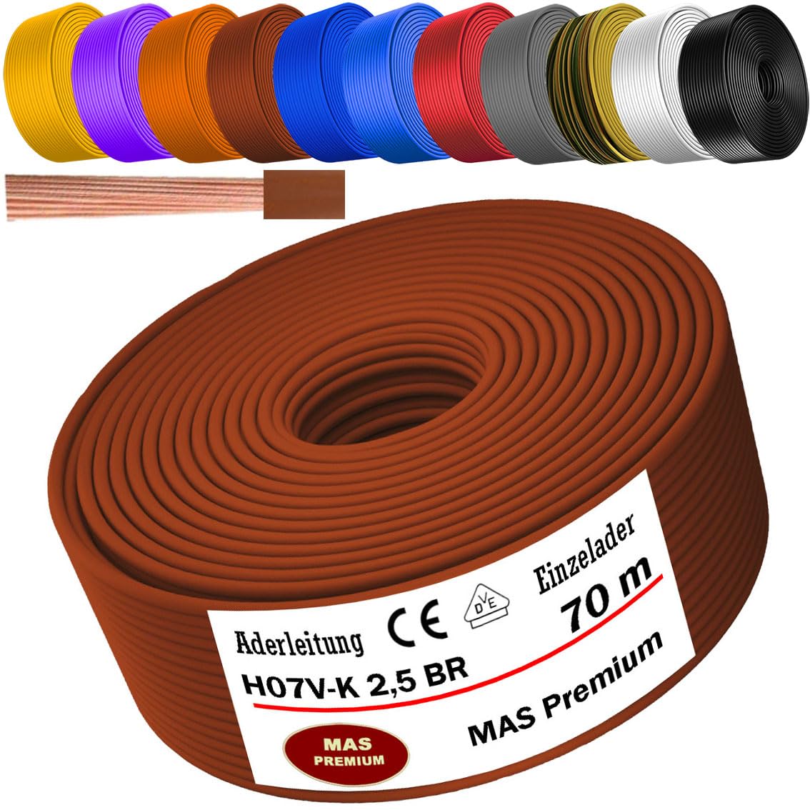 Cable H07 V-K 1 x 2,5 mm², color marrón, cable individual flexible de 5 a 100 m (70 m)