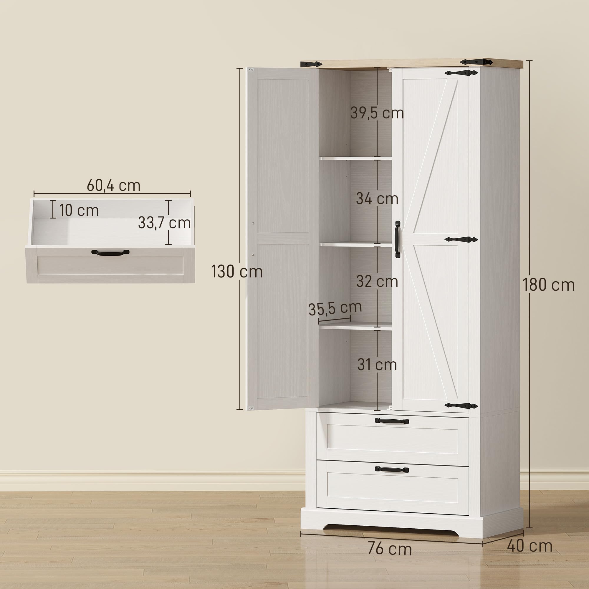 HOMCOM Buffet Haut Cuisine Vaisselier 2 Portes, 76 x 40 x 180 cm Blanc | Armoire de Rangement, 2 Tiroirs Silencieux, Étagères Réglables, Meuble de Rangement Rustique, Salon, Salle à Manger
