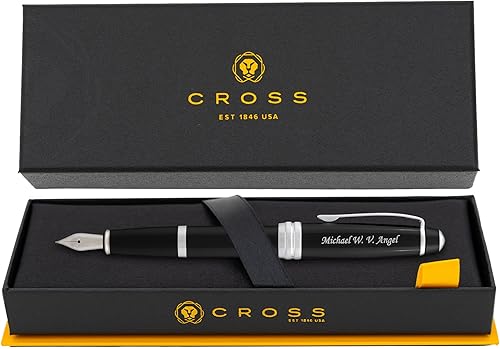Pluma estilográfica cruzada personalizada | Pluma estilográfica grabada Cross Bailey de laca negra con borde plateado. Regalo de negocios