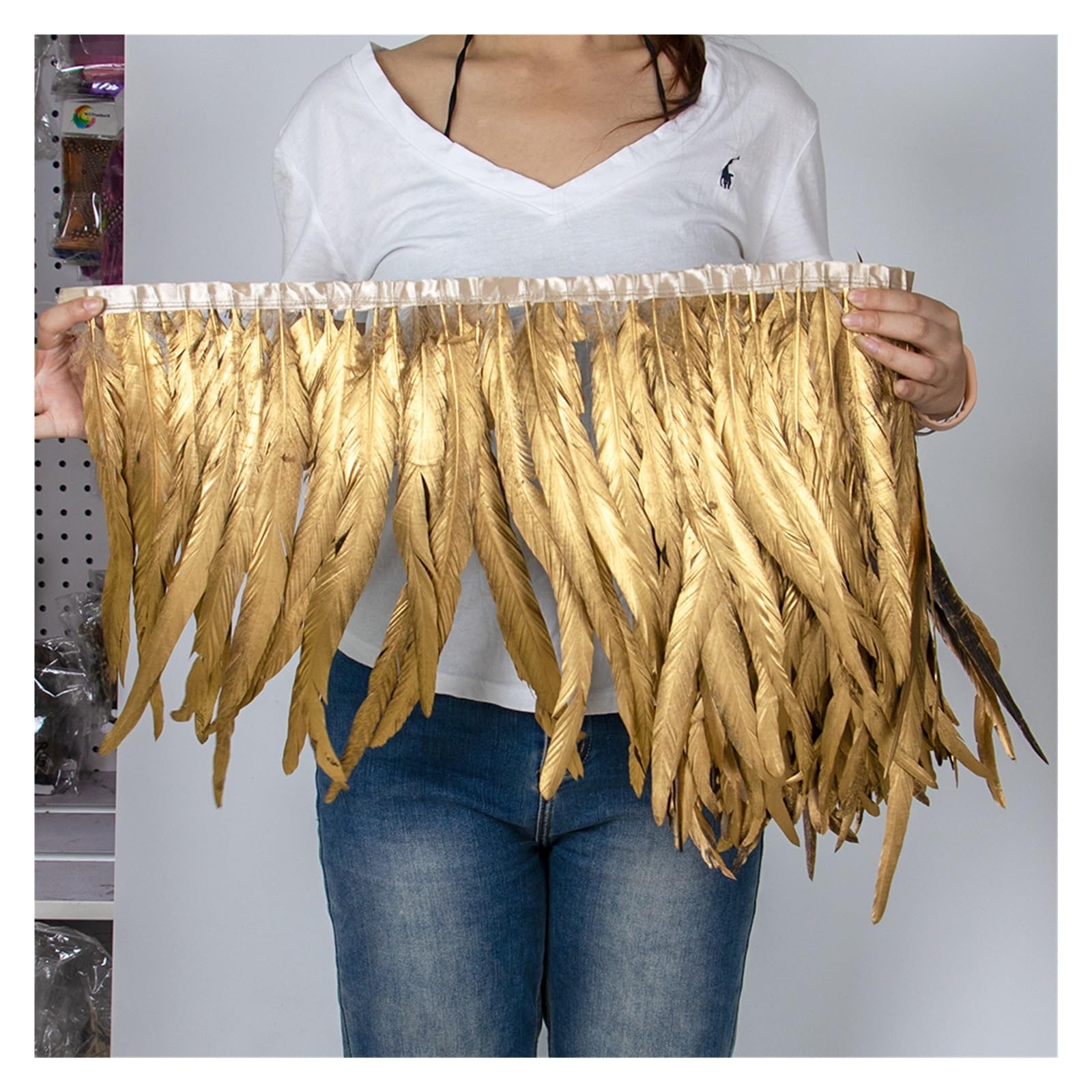 Plumes de coq dorées/argentées, 1 mètre, garniture de queue, 25-40CM, Plumes de poulet, ruban à franges for travaux d'aiguille, décoration de couture de vêtements(Golden,35-40CM)