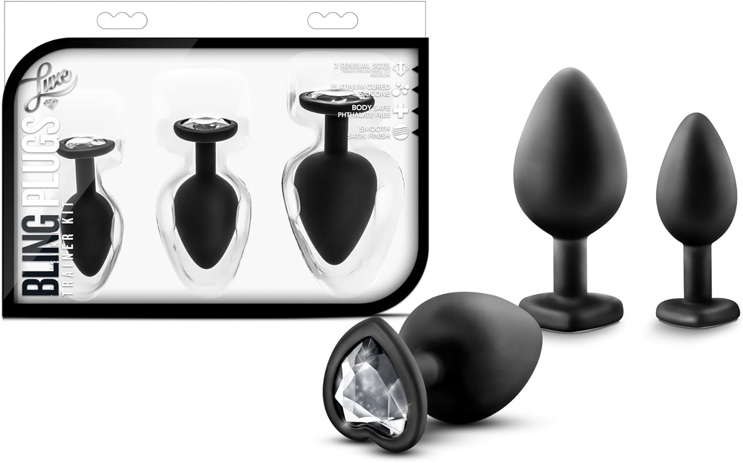 Blush - Luxe Bling Butt Plug 3 Piece Training Kit - Three Different Sizes - Heart Shape Base with Gems - Puria Silicone Anal Sex Toy - Black Faux Diamond