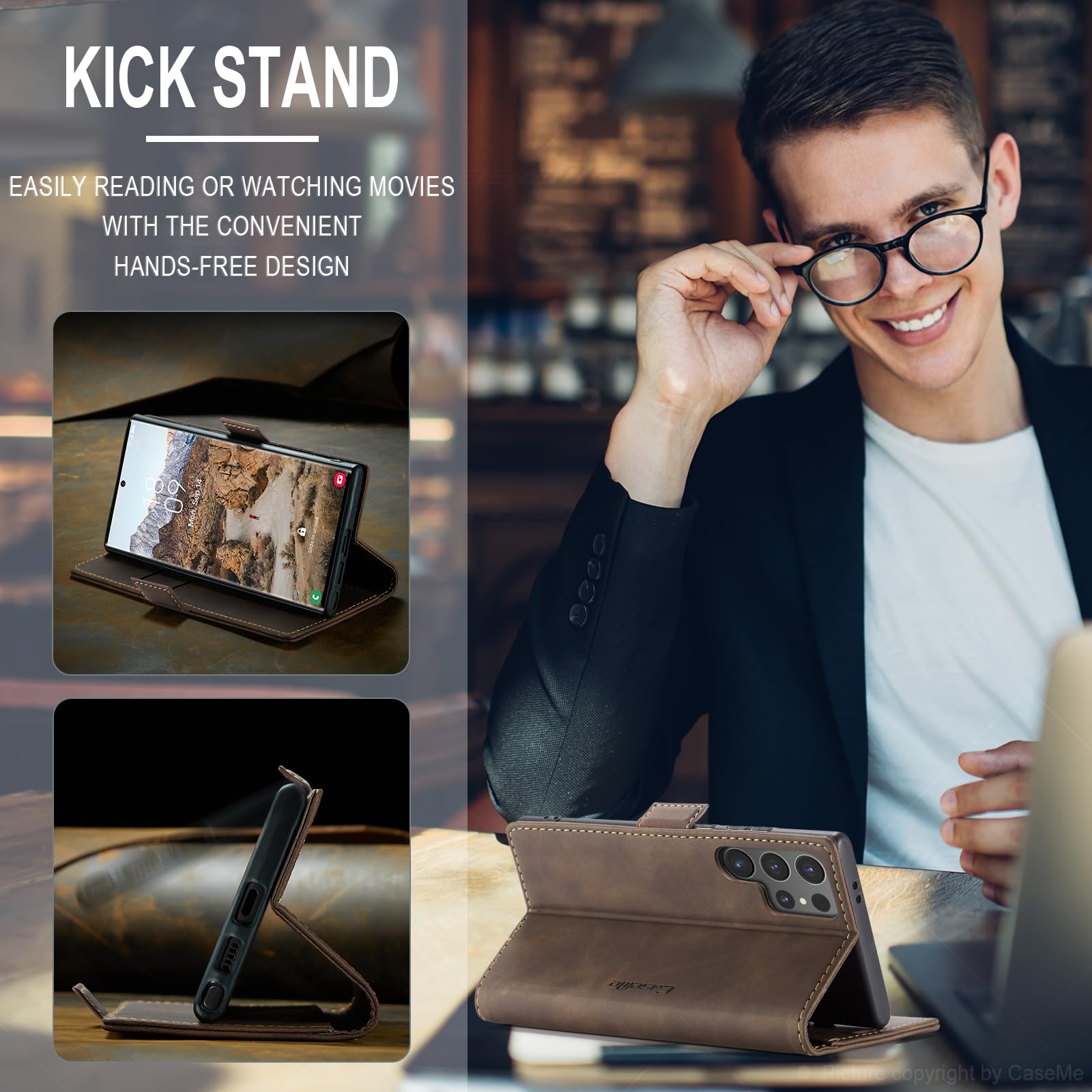Azororo Cover per Samsung Galaxy S24 Ultra 5G, Premium PU Pelle Custodia, Magnetica Carta Fessura Portafoglio Case, Flip Cavalletto Custodia per Samsung Galaxy S24 Ultra- Caffè